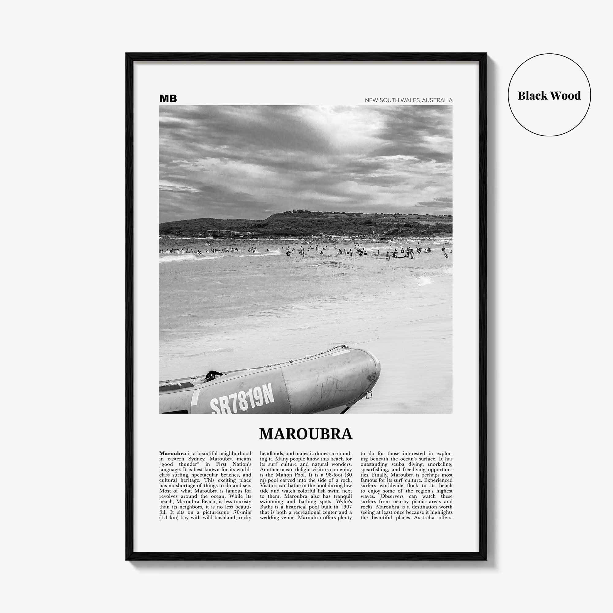 Maroubra Print Black and White, Maroubra Wall Art, Maroubra Poster, Maroubra Photo, Maroubra Map, Maroubra Decor, New South Wales, Australia
