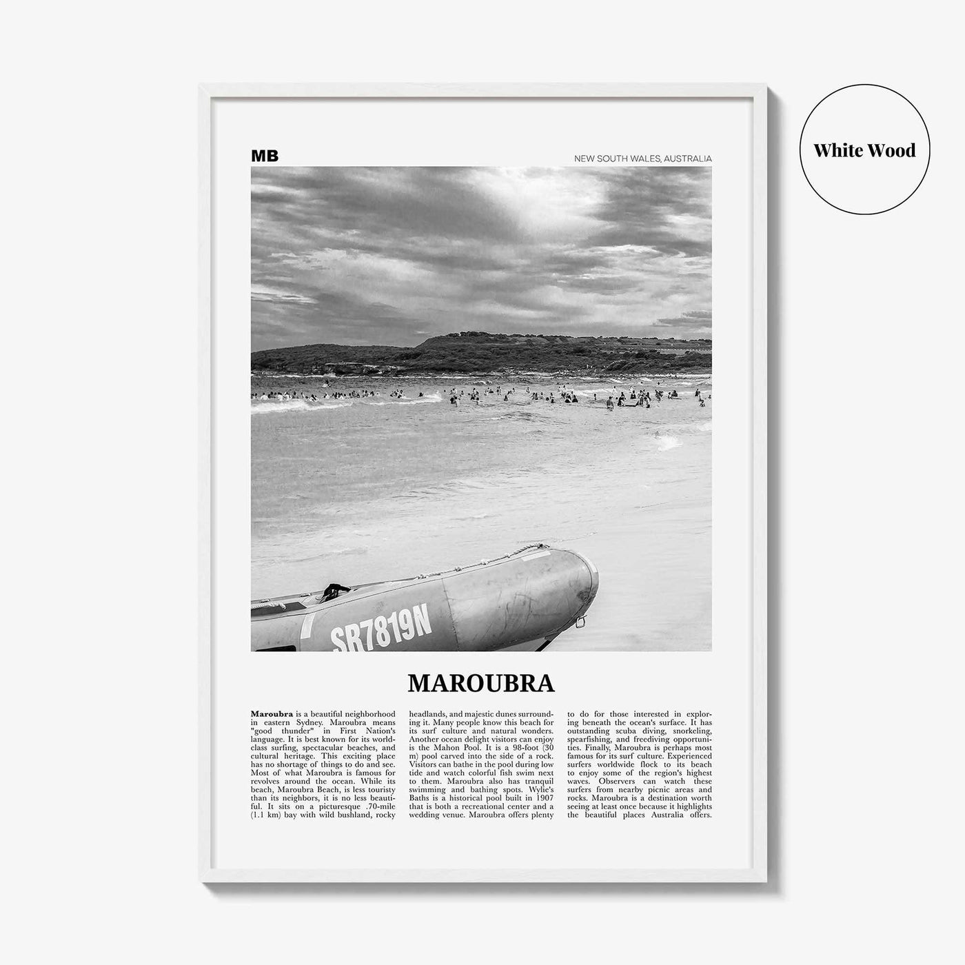 Maroubra Print Black and White, Maroubra Wall Art, Maroubra Poster, Maroubra Photo, Maroubra Map, Maroubra Decor, New South Wales, Australia