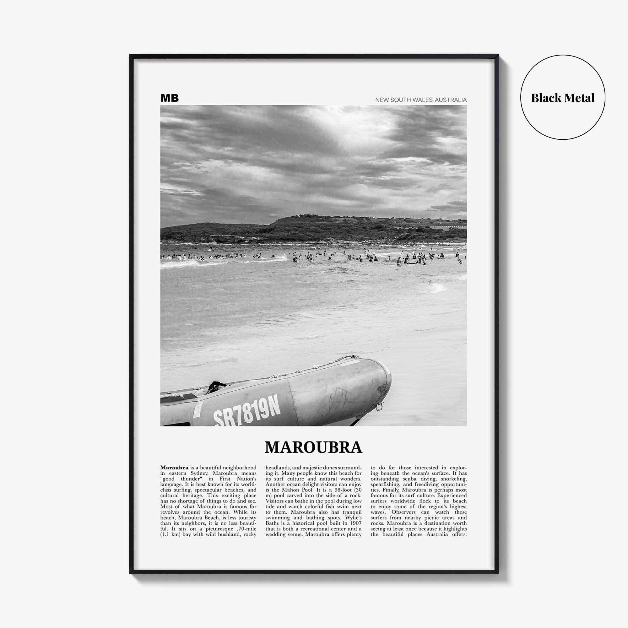 Maroubra Print Black and White, Maroubra Wall Art, Maroubra Poster, Maroubra Photo, Maroubra Map, Maroubra Decor, New South Wales, Australia