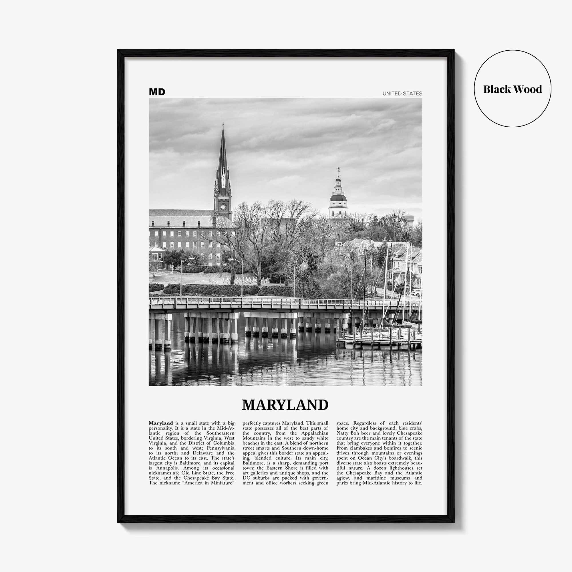 Maryland Print Black and White No 1, Maryland Wall Art, Maryland Poster, Maryland Photo, Maryland Wall Decor, USA, United States