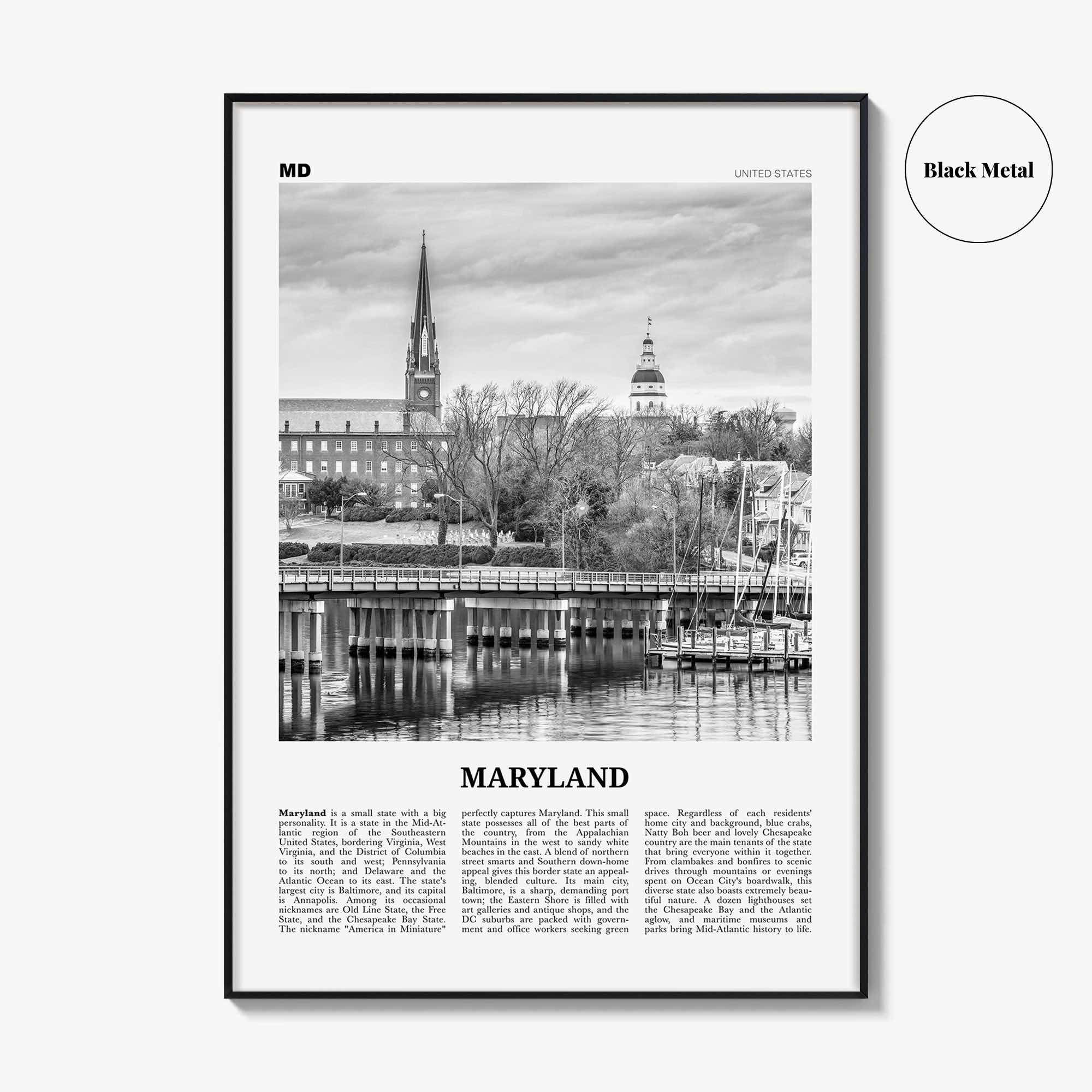 Maryland Print Black and White No 1, Maryland Wall Art, Maryland Poster, Maryland Photo, Maryland Wall Decor, USA, United States