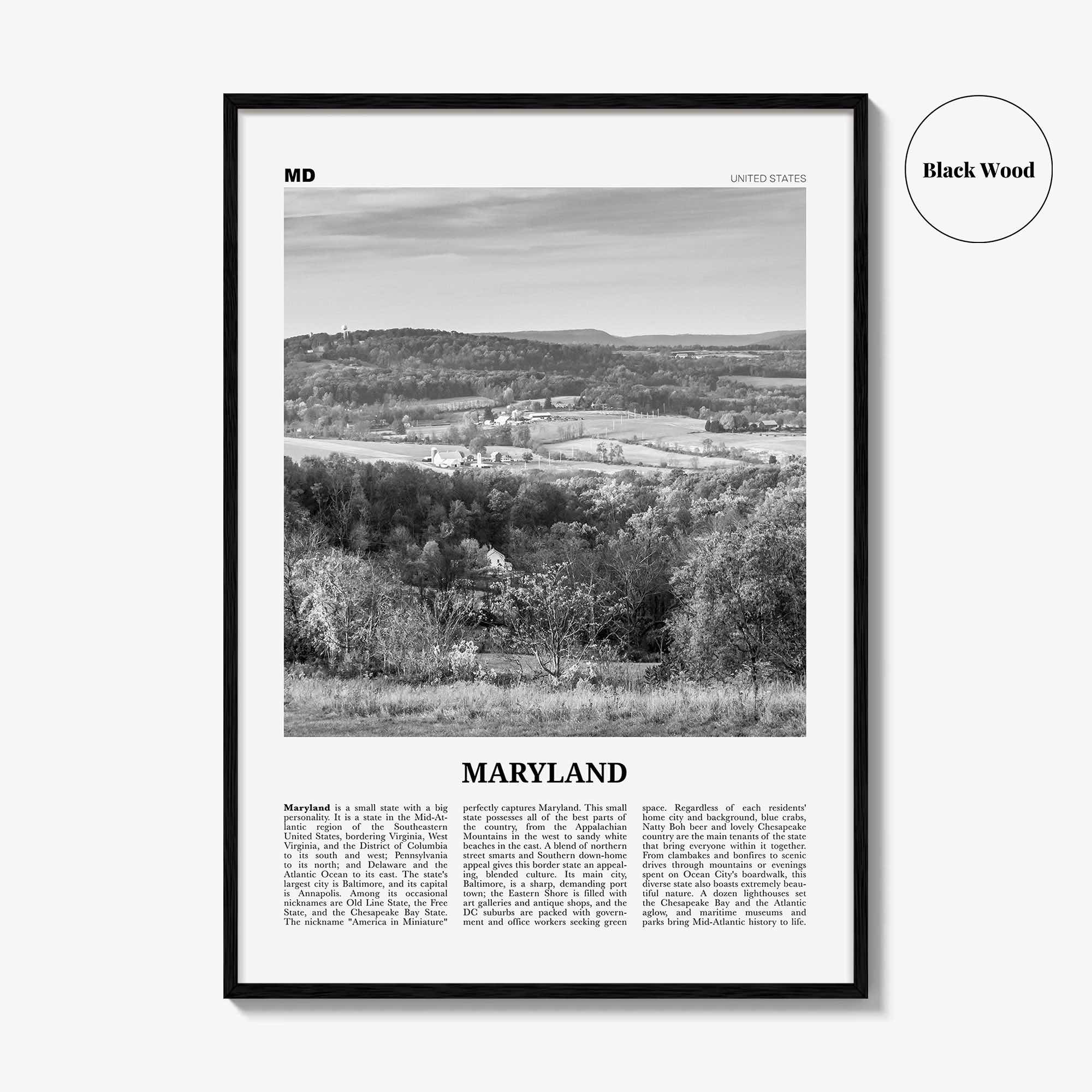 Maryland Print Black and White No 2, Maryland Wall Art, Maryland Poster, Maryland Photo, Maryland Wall Décor, Maryland Map