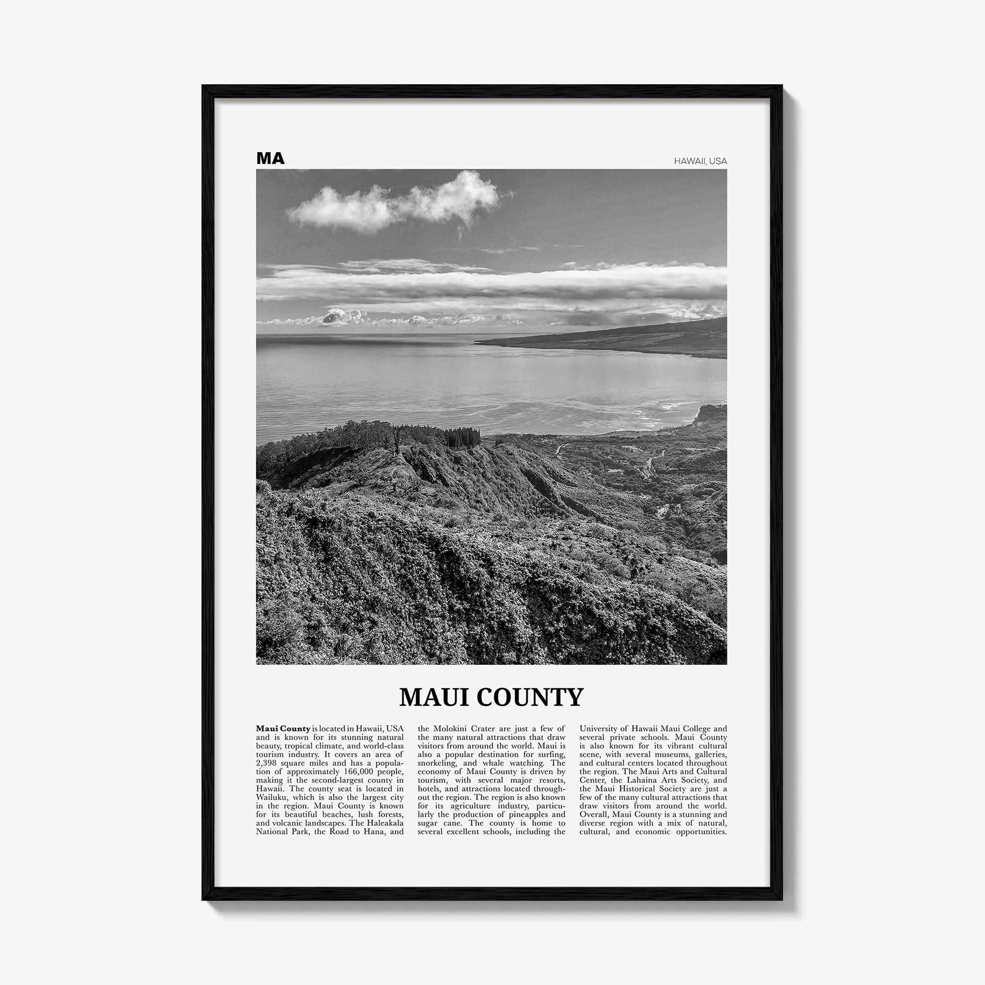 Maui County Print Black and White, Maui County Wall Art, Maui County Poster, Maui County Photo, Maui Wall Décor, Maui Map, Hawaii, USA