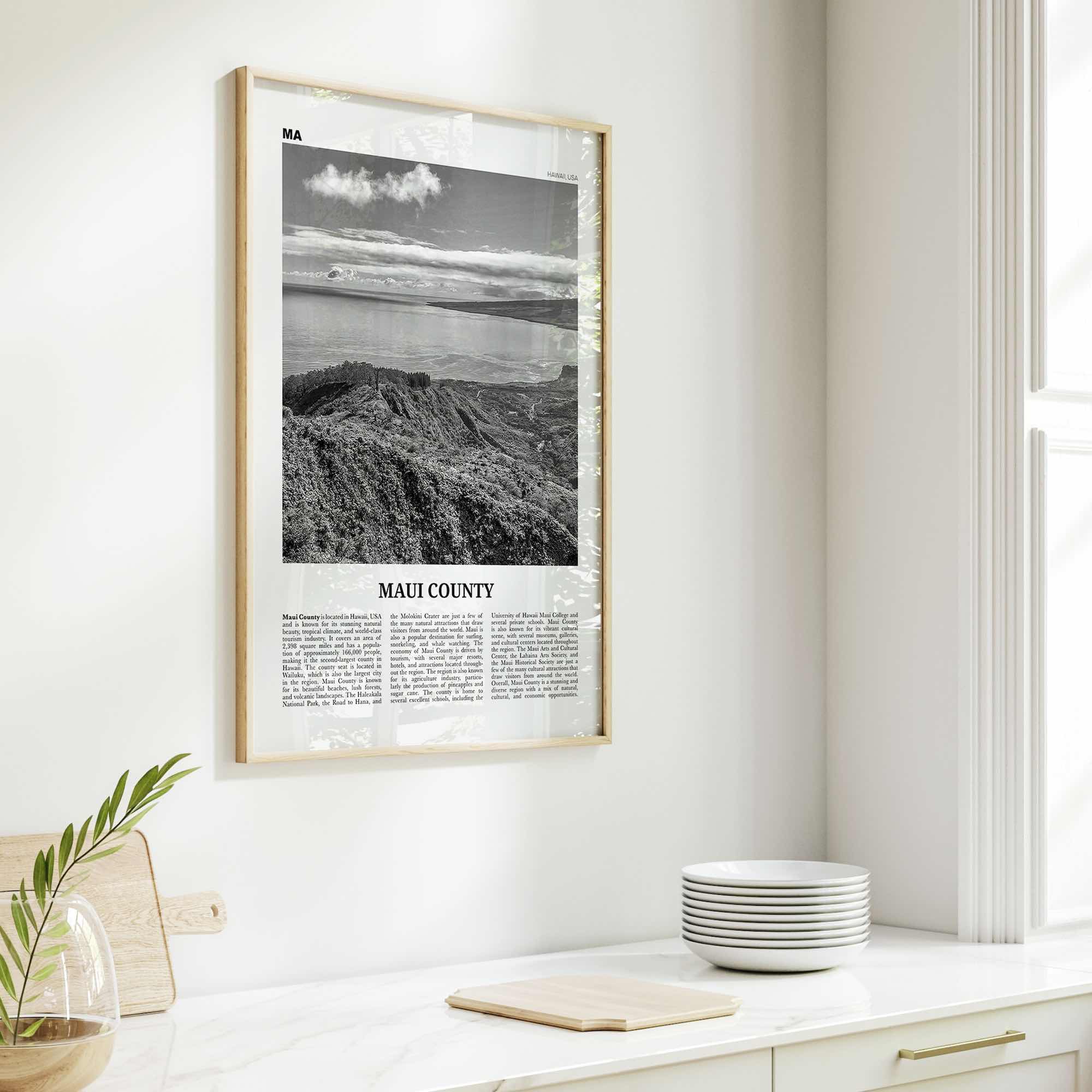 Maui County Print Black and White, Maui County Wall Art, Maui County Poster, Maui County Photo, Maui Wall Décor, Maui Map, Hawaii, USA