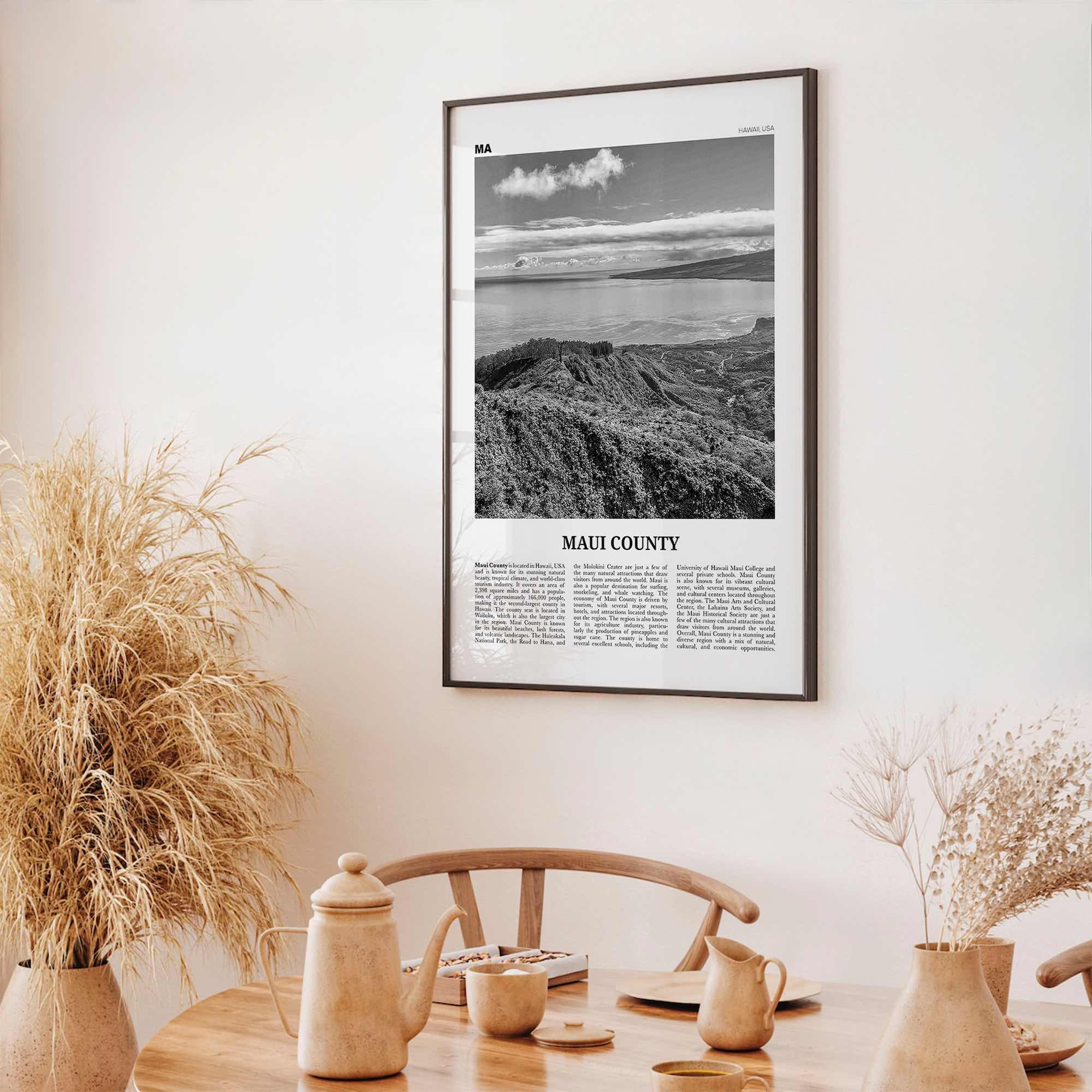 Maui County Print Black and White, Maui County Wall Art, Maui County Poster, Maui County Photo, Maui Wall Décor, Maui Map, Hawaii, USA