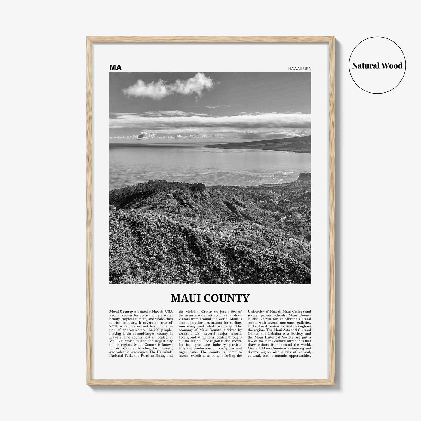 Maui County Print Black and White, Maui County Wall Art, Maui County Poster, Maui County Photo, Maui Wall Décor, Maui Map, Hawaii, USA