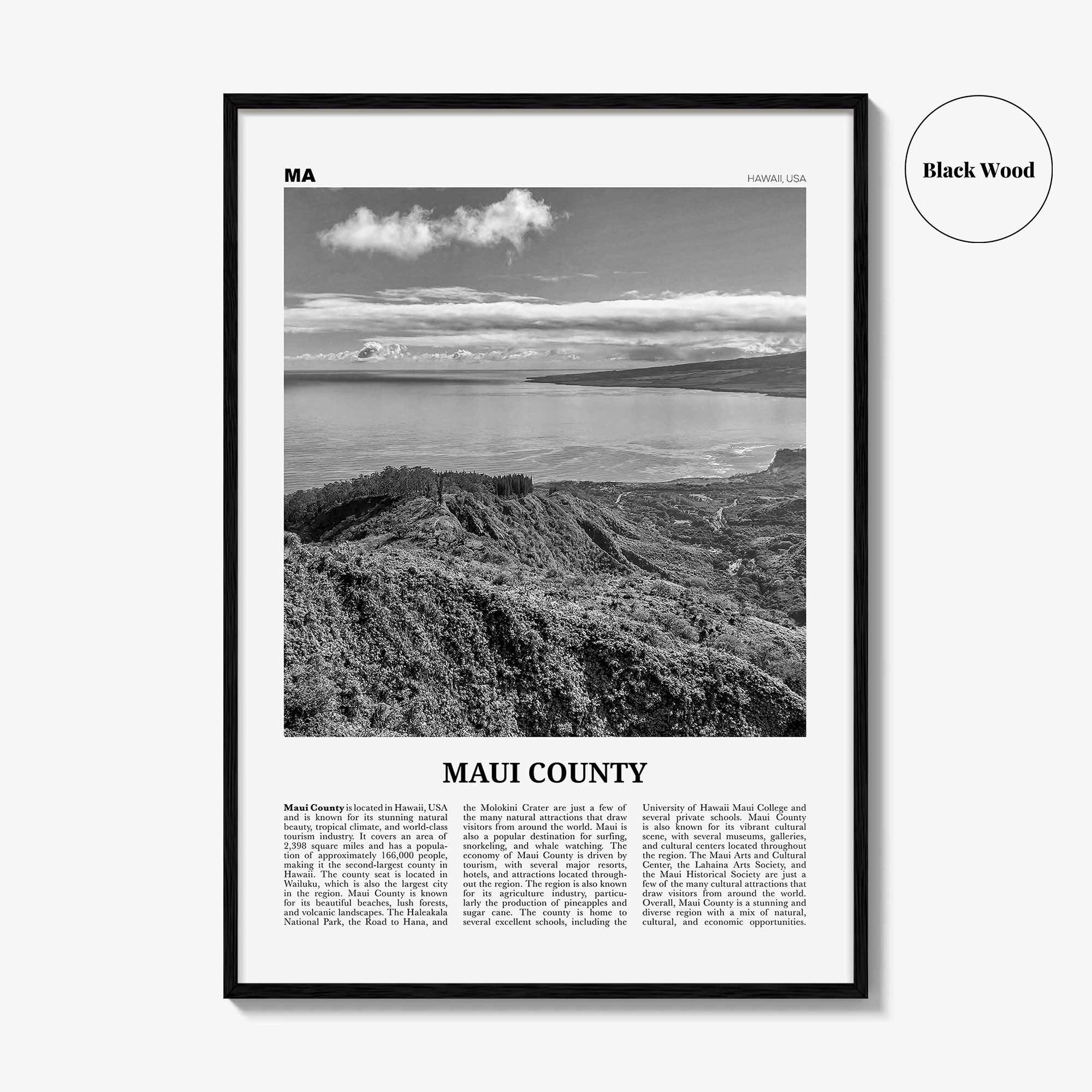 Maui County Print Black and White, Maui County Wall Art, Maui County Poster, Maui County Photo, Maui Wall Décor, Maui Map, Hawaii, USA