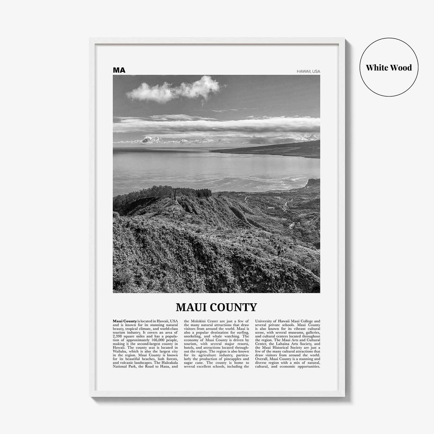 Maui County Print Black and White, Maui County Wall Art, Maui County Poster, Maui County Photo, Maui Wall Décor, Maui Map, Hawaii, USA
