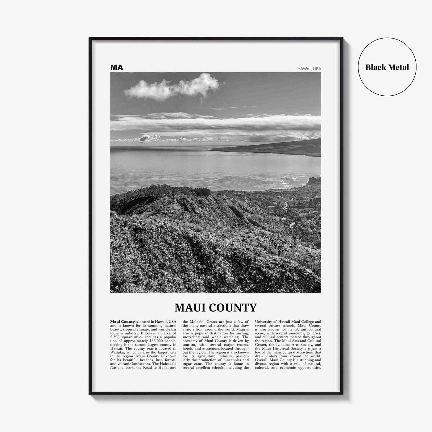 Maui County Print Black and White, Maui County Wall Art, Maui County Poster, Maui County Photo, Maui Wall Décor, Maui Map, Hawaii, USA