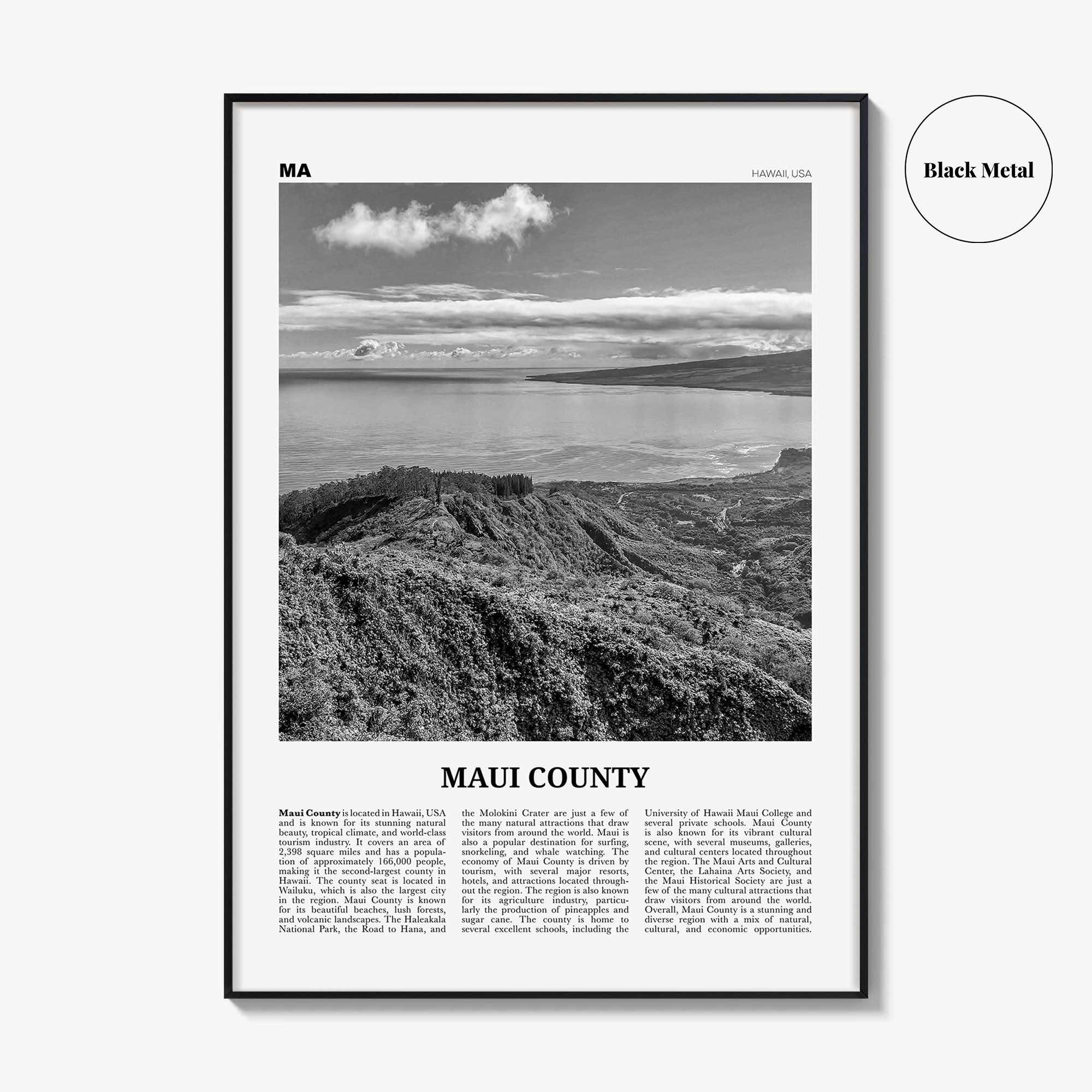 Maui County Print Black and White, Maui County Wall Art, Maui County Poster, Maui County Photo, Maui Wall Décor, Maui Map, Hawaii, USA