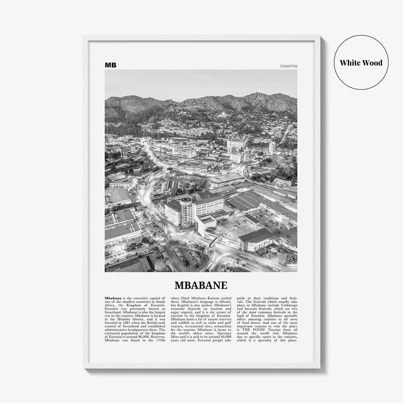 Mbabane Print Black and White, Mbabane Wall Art, Mbabane Poster, Mbabane Photo, Mbabane Wall Décor, Mbabane Map, Eswatini
