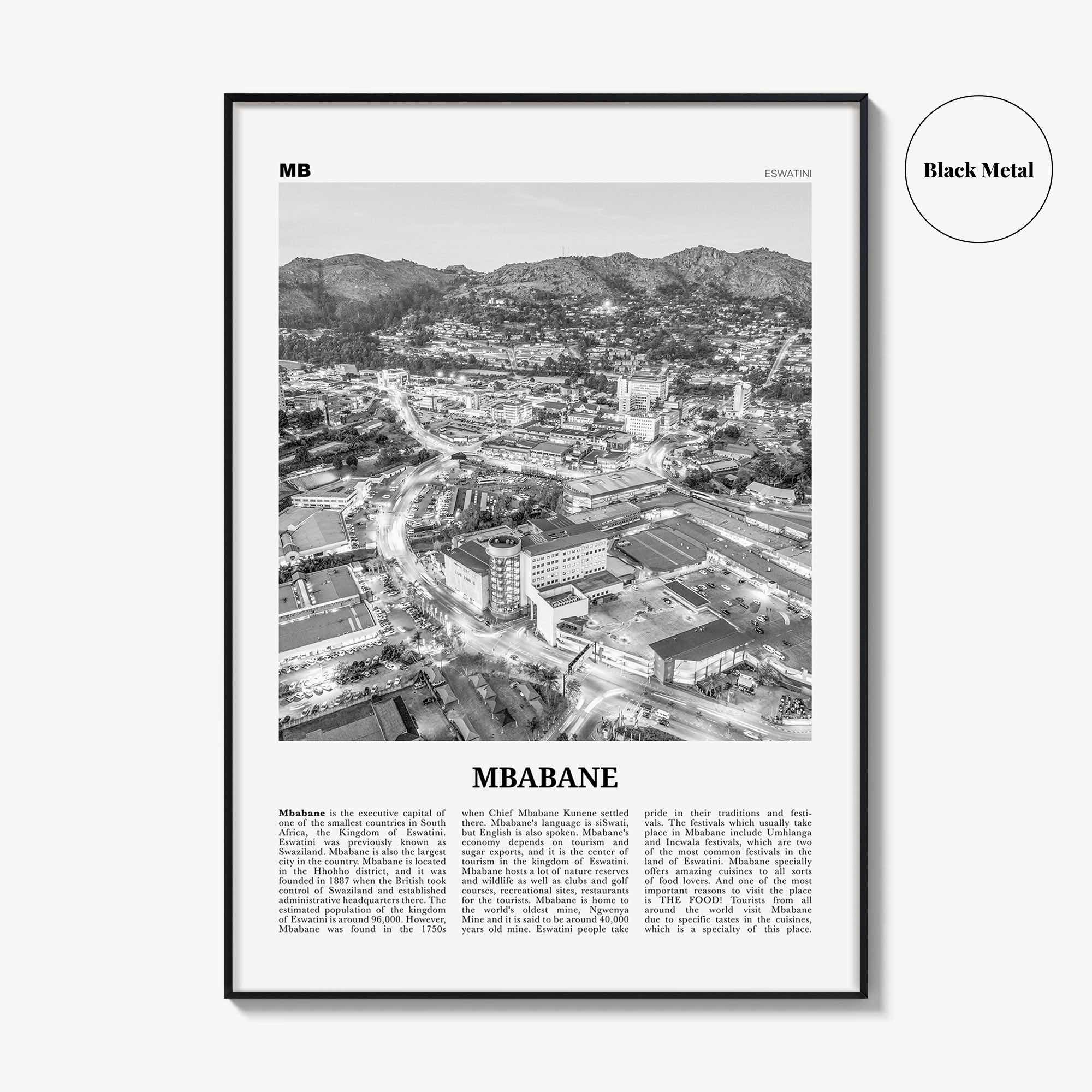 Mbabane Print Black and White, Mbabane Wall Art, Mbabane Poster, Mbabane Photo, Mbabane Wall Décor, Mbabane Map, Eswatini