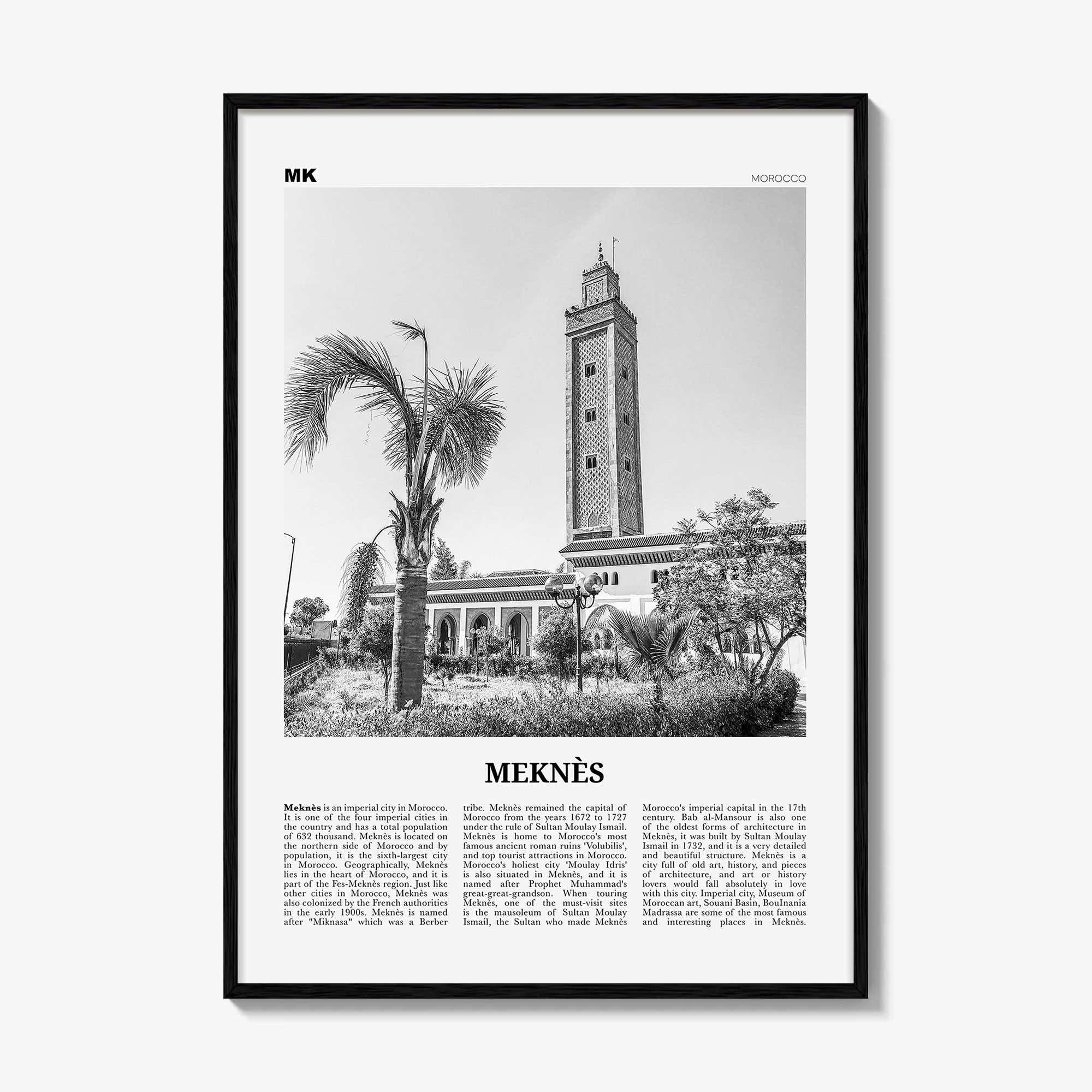 Meknes Print Black and White, Meknès Wall Art, Meknès Poster, Meknès Photo, Meknès Wall Décor, Meknès Map, Morocco