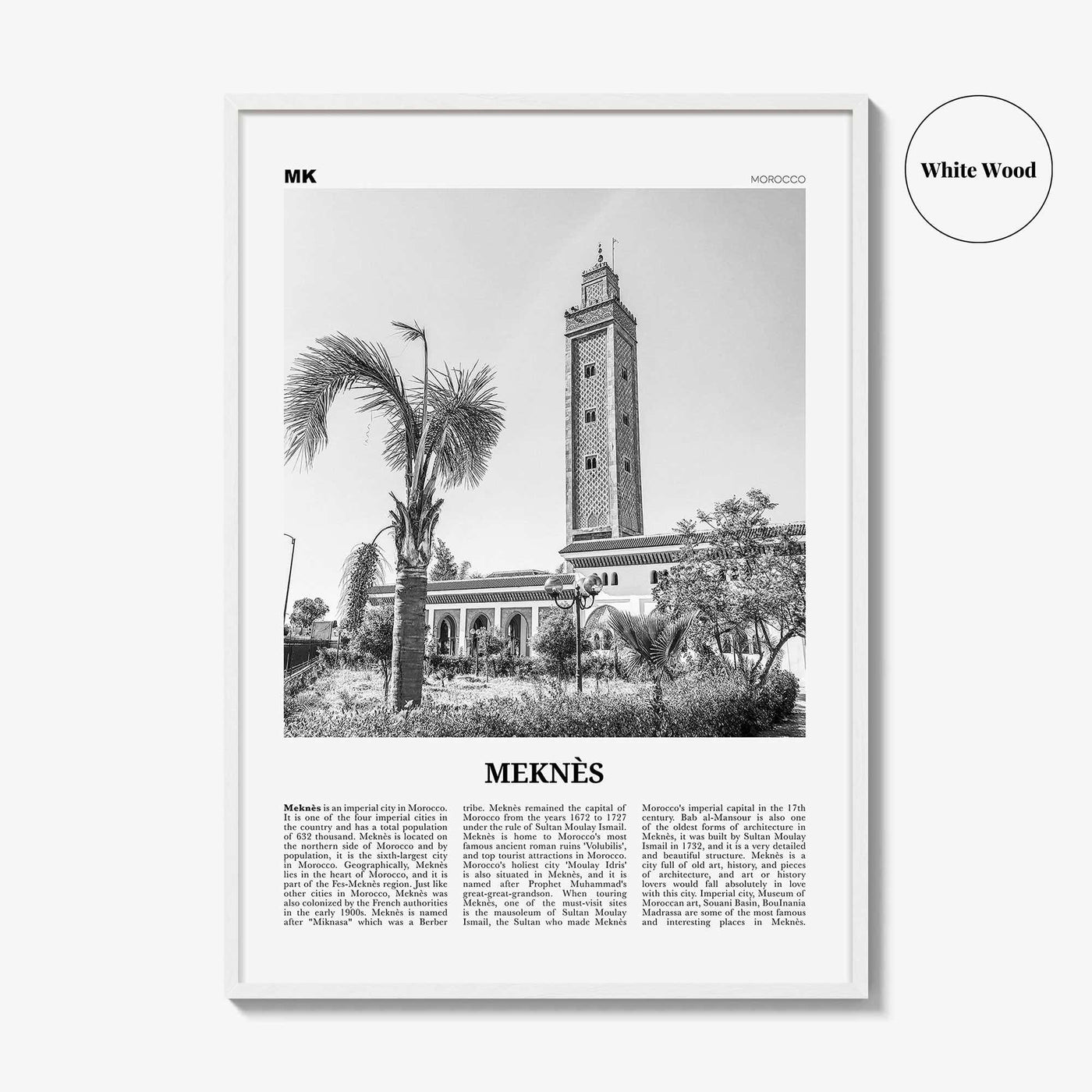 Meknes Print Black and White, Meknès Wall Art, Meknès Poster, Meknès Photo, Meknès Wall Décor, Meknès Map, Morocco