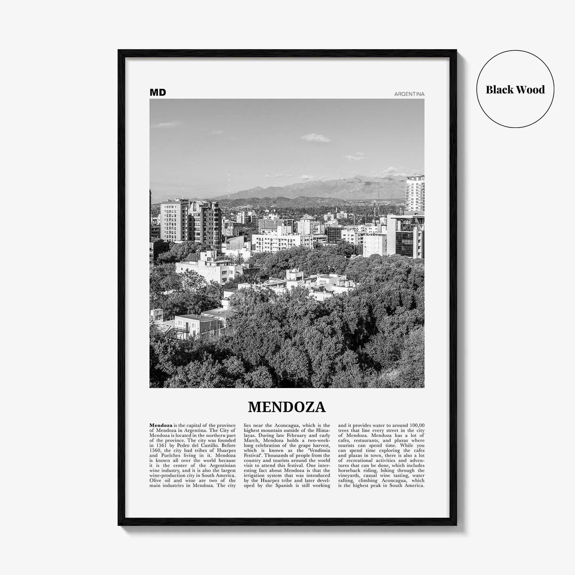 Mendoza Print Black and White, Mendoza Wall Art, Mendoza Poster, Mendoza Photo, Mendoza Wall Décor, Mendoza Map, Argentina