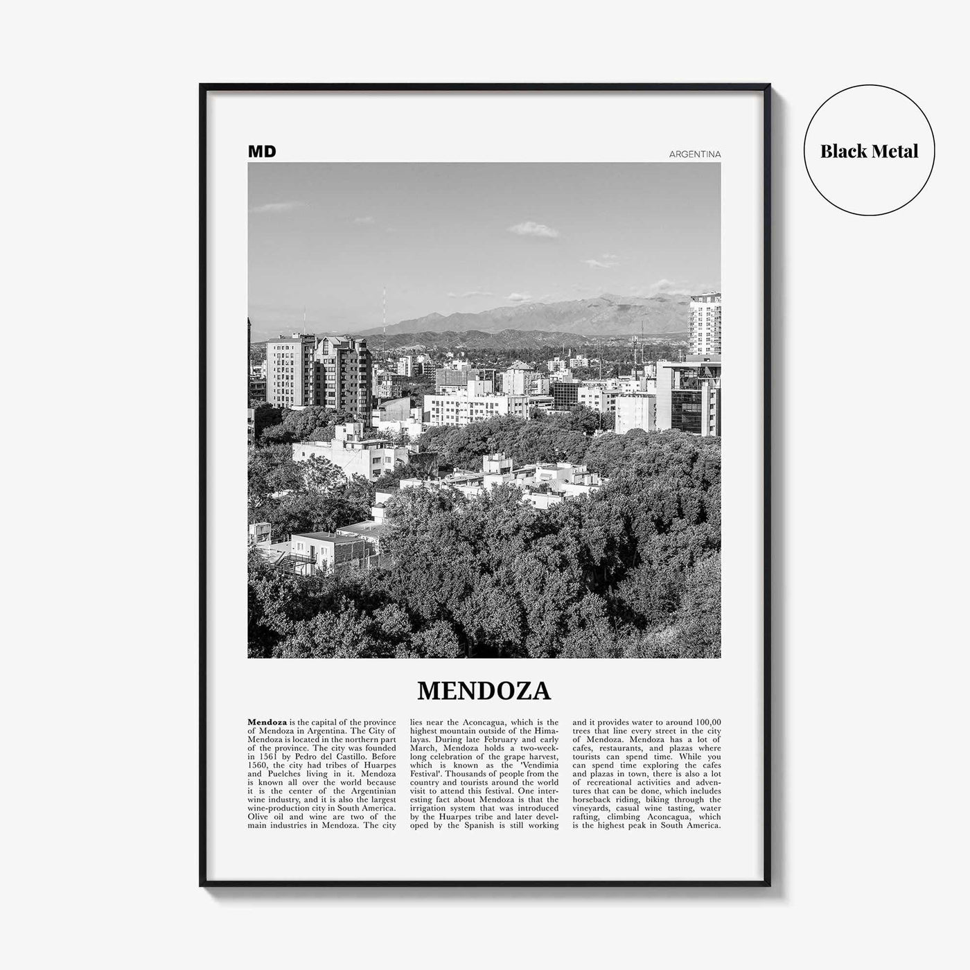 Mendoza Print Black and White, Mendoza Wall Art, Mendoza Poster, Mendoza Photo, Mendoza Wall Décor, Mendoza Map, Argentina