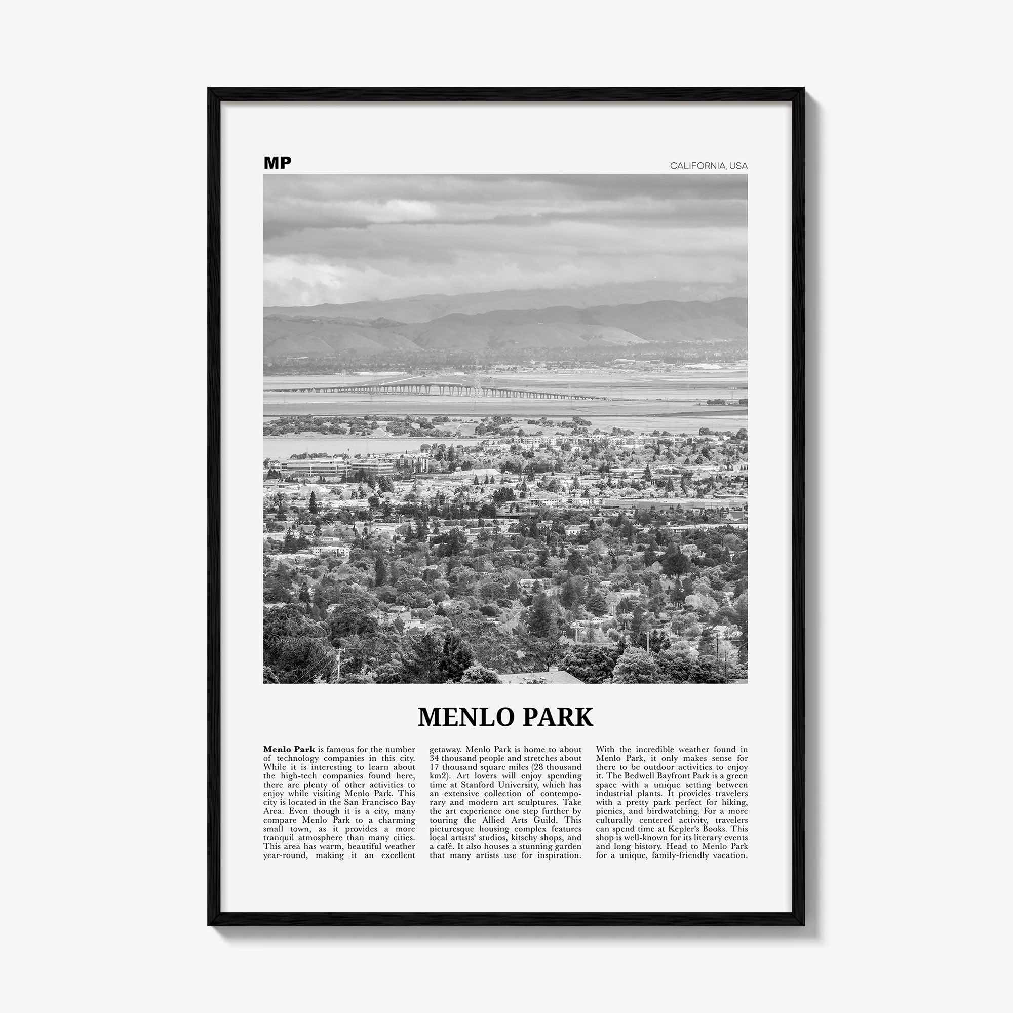Menlo Park Print Black and White, Menlo Park Wall Art, Menlo Park Poster, Menlo Park Photo, Menlo Park Décor, Menlo Park Map, California USA