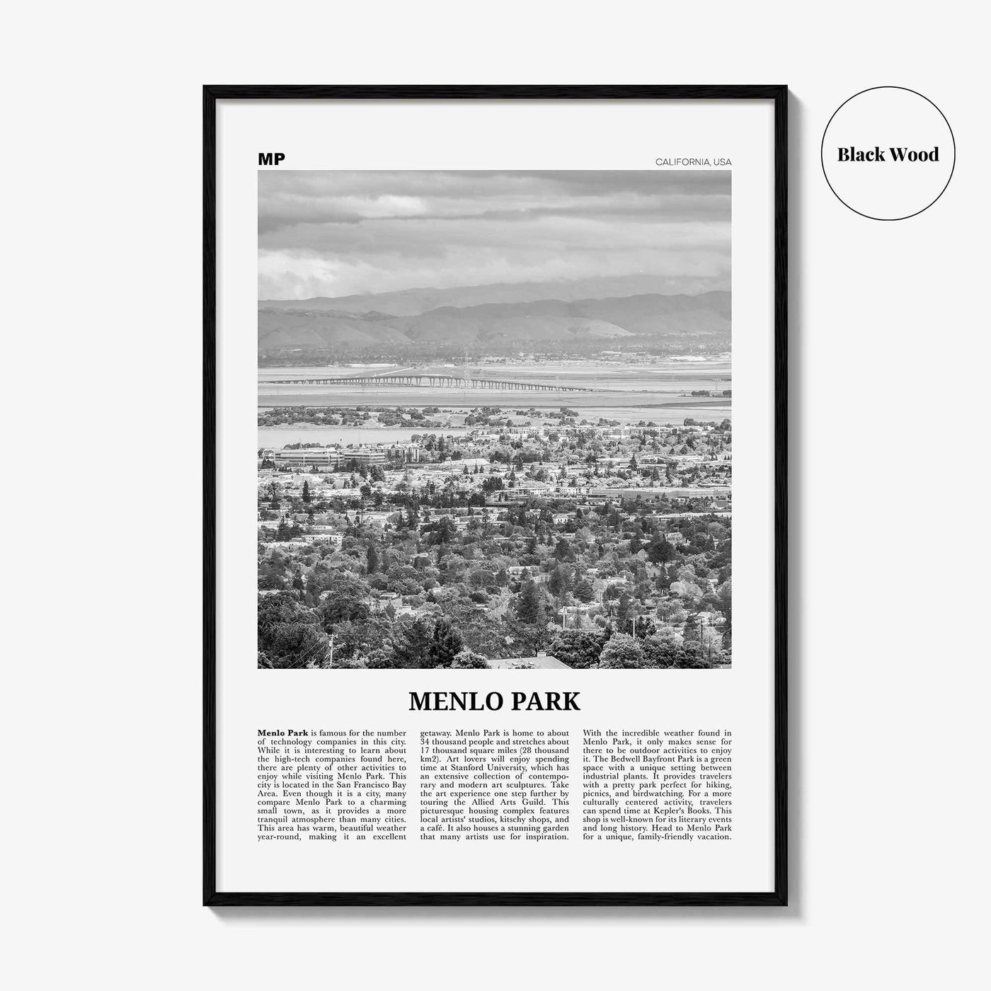 Menlo Park Print Black and White, Menlo Park Wall Art, Menlo Park Poster, Menlo Park Photo, Menlo Park Décor, Menlo Park Map, California USA
