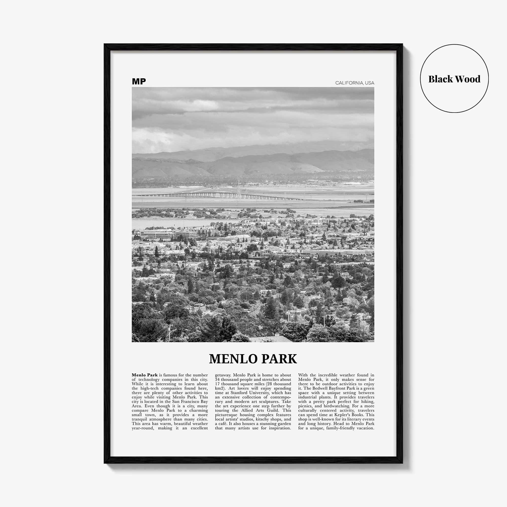 Menlo Park Print Black and White, Menlo Park Wall Art, Menlo Park Poster, Menlo Park Photo, Menlo Park Décor, Menlo Park Map, California USA