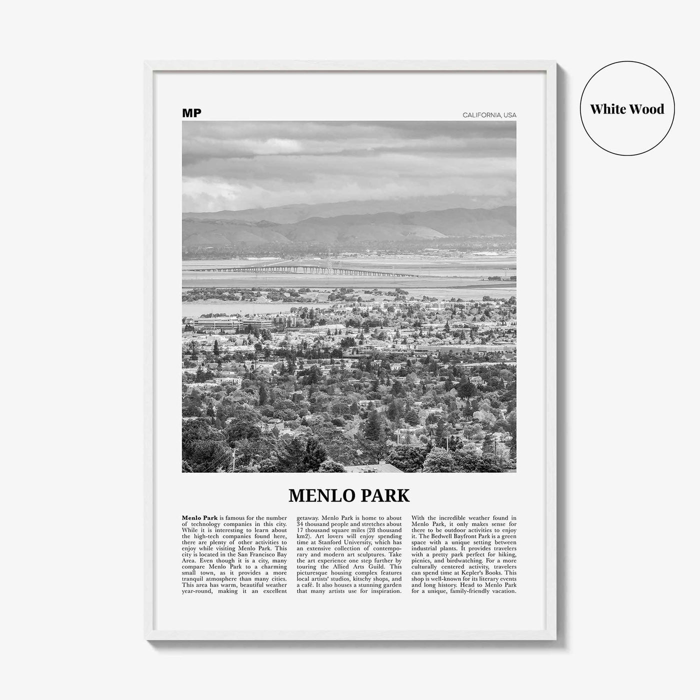 Menlo Park Print Black and White, Menlo Park Wall Art, Menlo Park Poster, Menlo Park Photo, Menlo Park Décor, Menlo Park Map, California USA