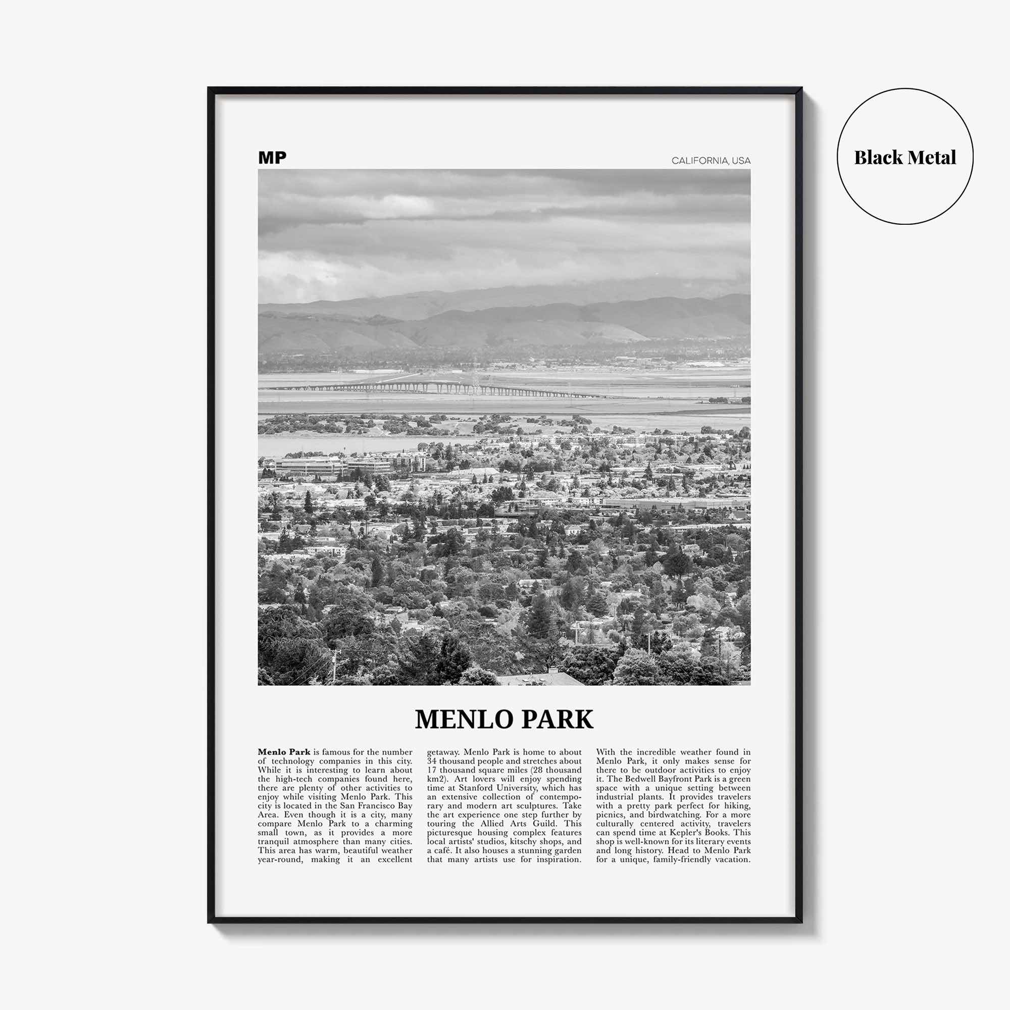 Menlo Park Print Black and White, Menlo Park Wall Art, Menlo Park Poster, Menlo Park Photo, Menlo Park Décor, Menlo Park Map, California USA