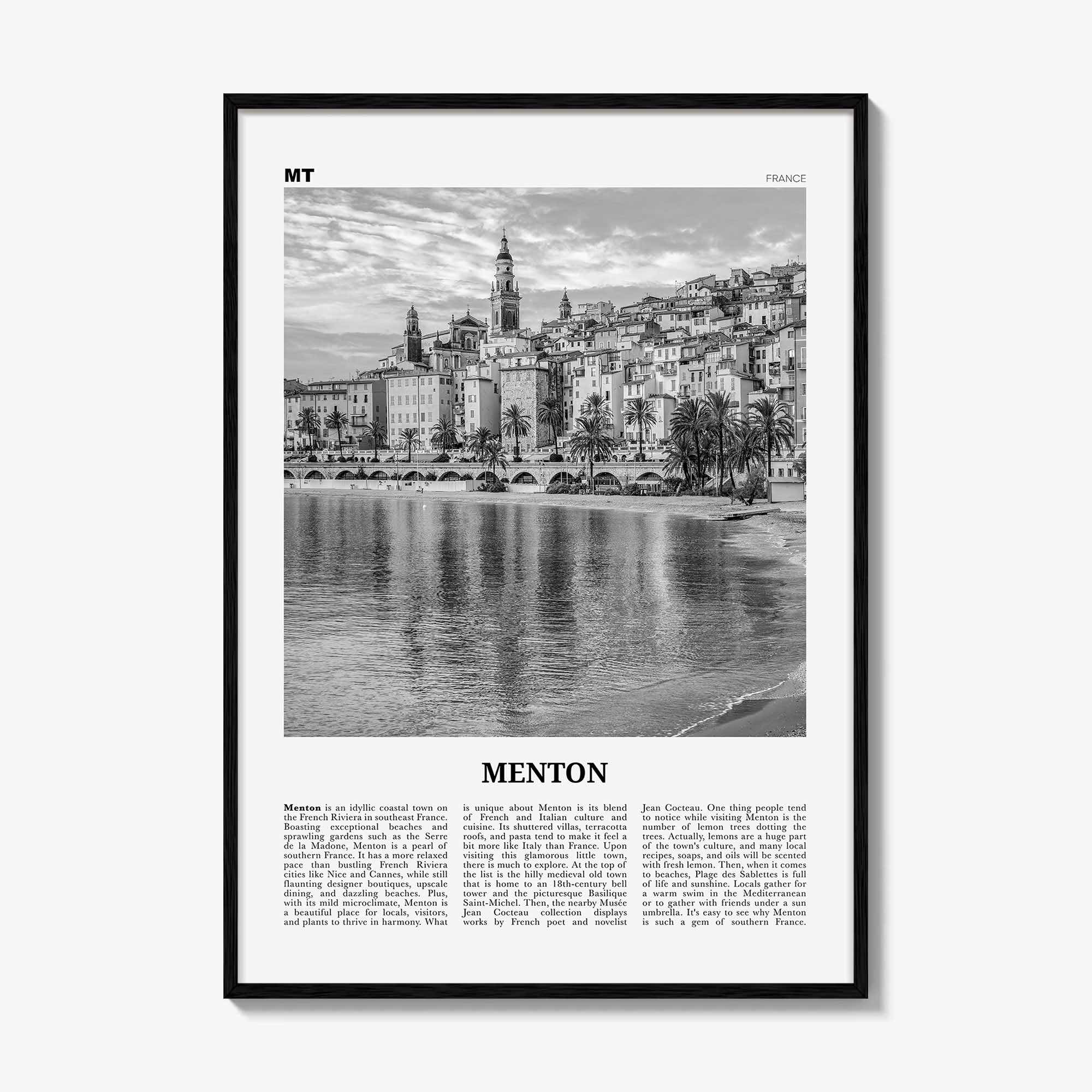Menton Print Black and White, Menton Wall Art, Menton Poster, Menton Photo, Menton Wall Décor, Menton Map, France
