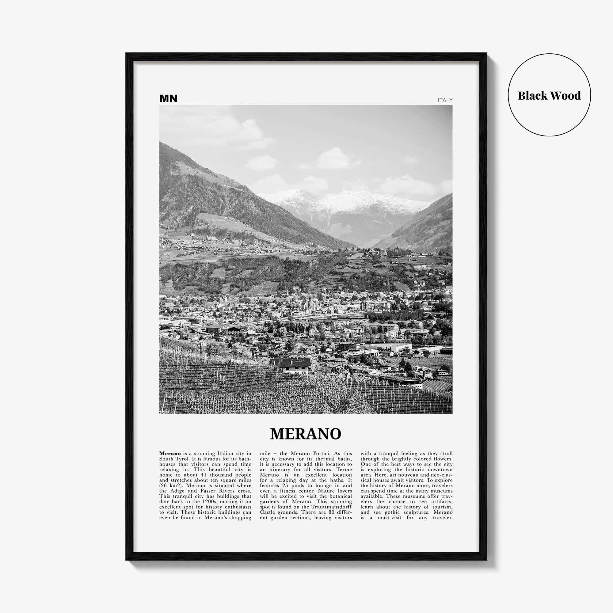 Merano Print Black and White, Merano Wall Art, Merano Poster, Merano Photo, Merano Wall Décor, Merano Map, Italy