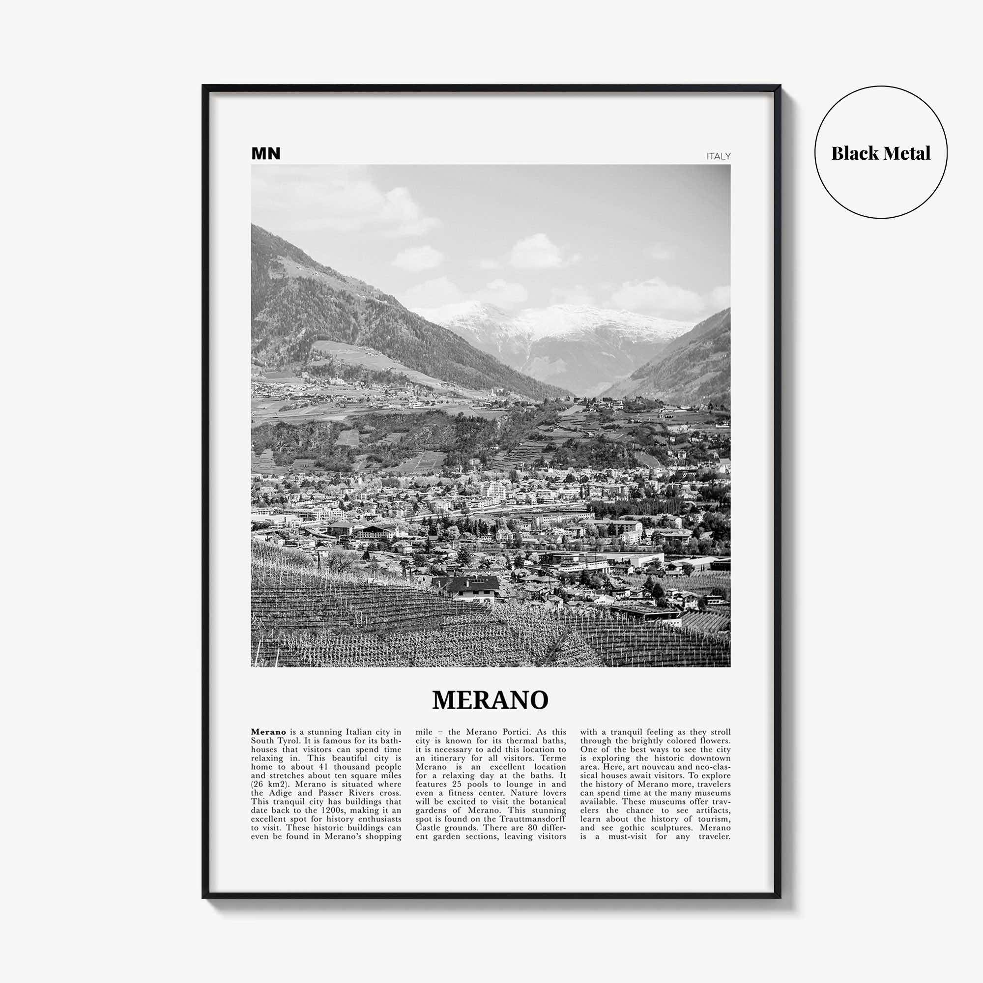 Merano Print Black and White, Merano Wall Art, Merano Poster, Merano Photo, Merano Wall Décor, Merano Map, Italy