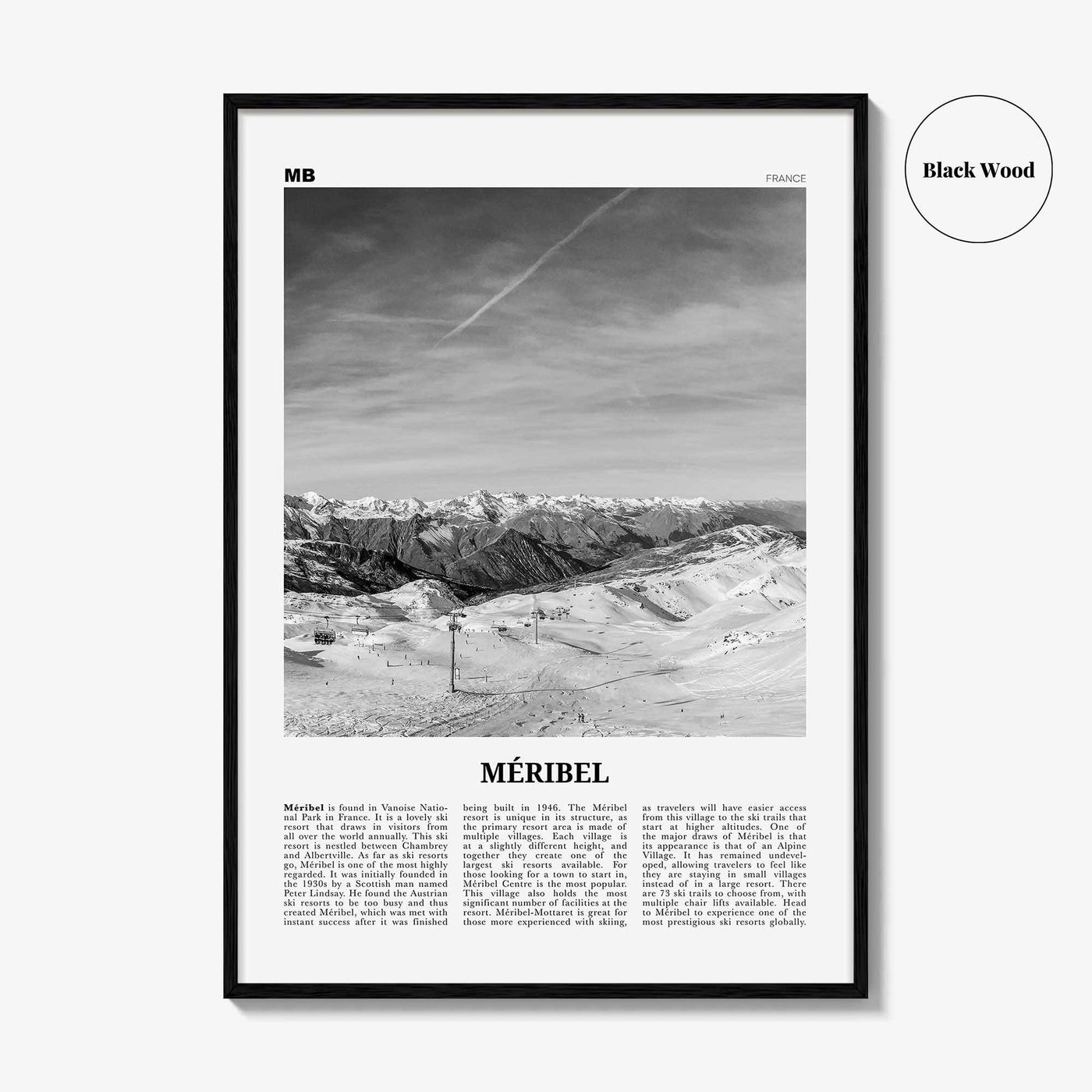 Meribel Print Black and White, Méribel Wall Art, Méribel Poster, Méribel Photo, Méribel Wall Décor, Méribel Map, France