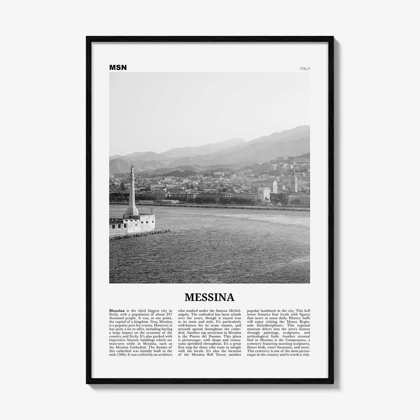 Messina Print Black and White, Messina Wall Art, Messina Poster, Messina Photo, Messina Wall Décor, Messina Map, Italy