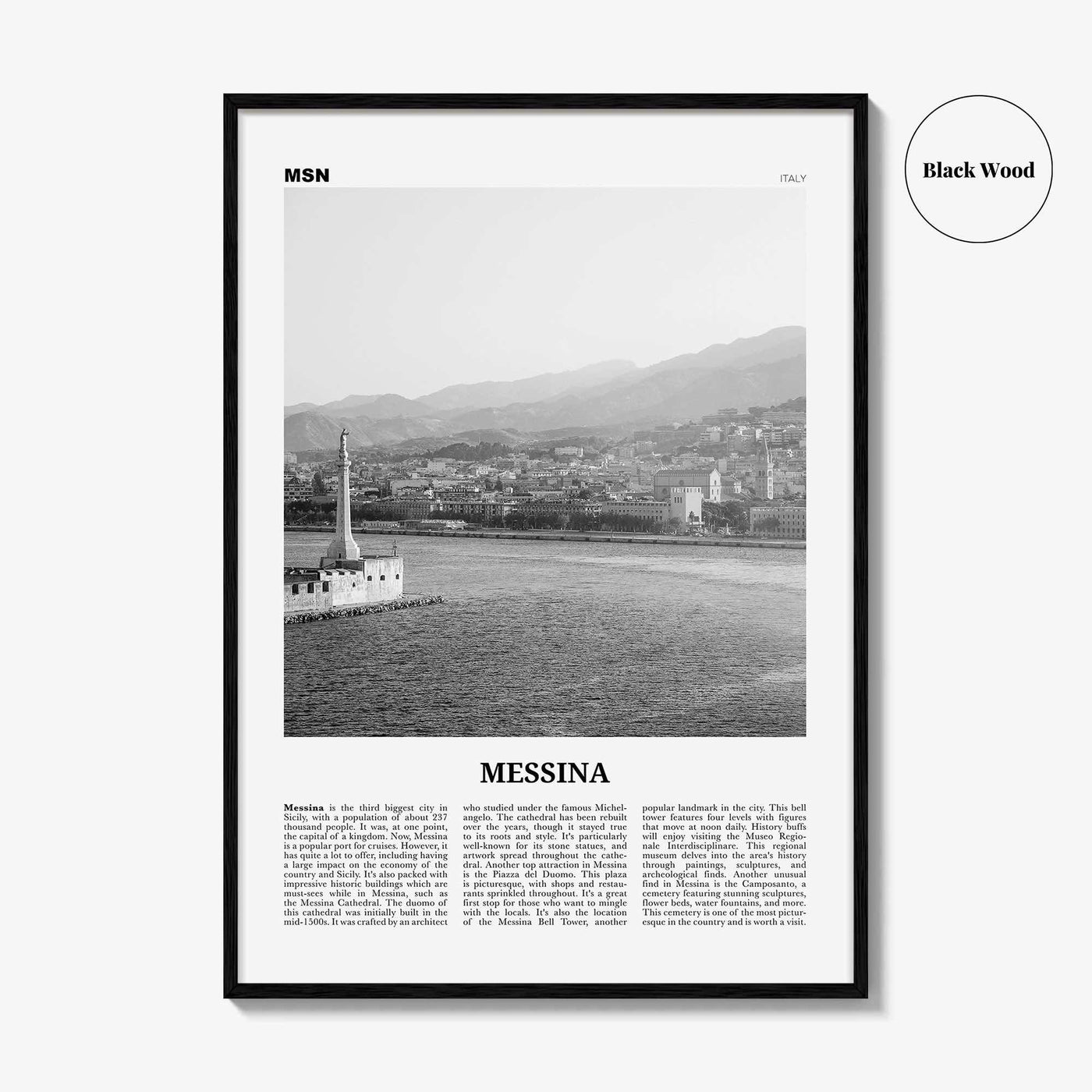 Messina Print Black and White, Messina Wall Art, Messina Poster, Messina Photo, Messina Wall Décor, Messina Map, Italy
