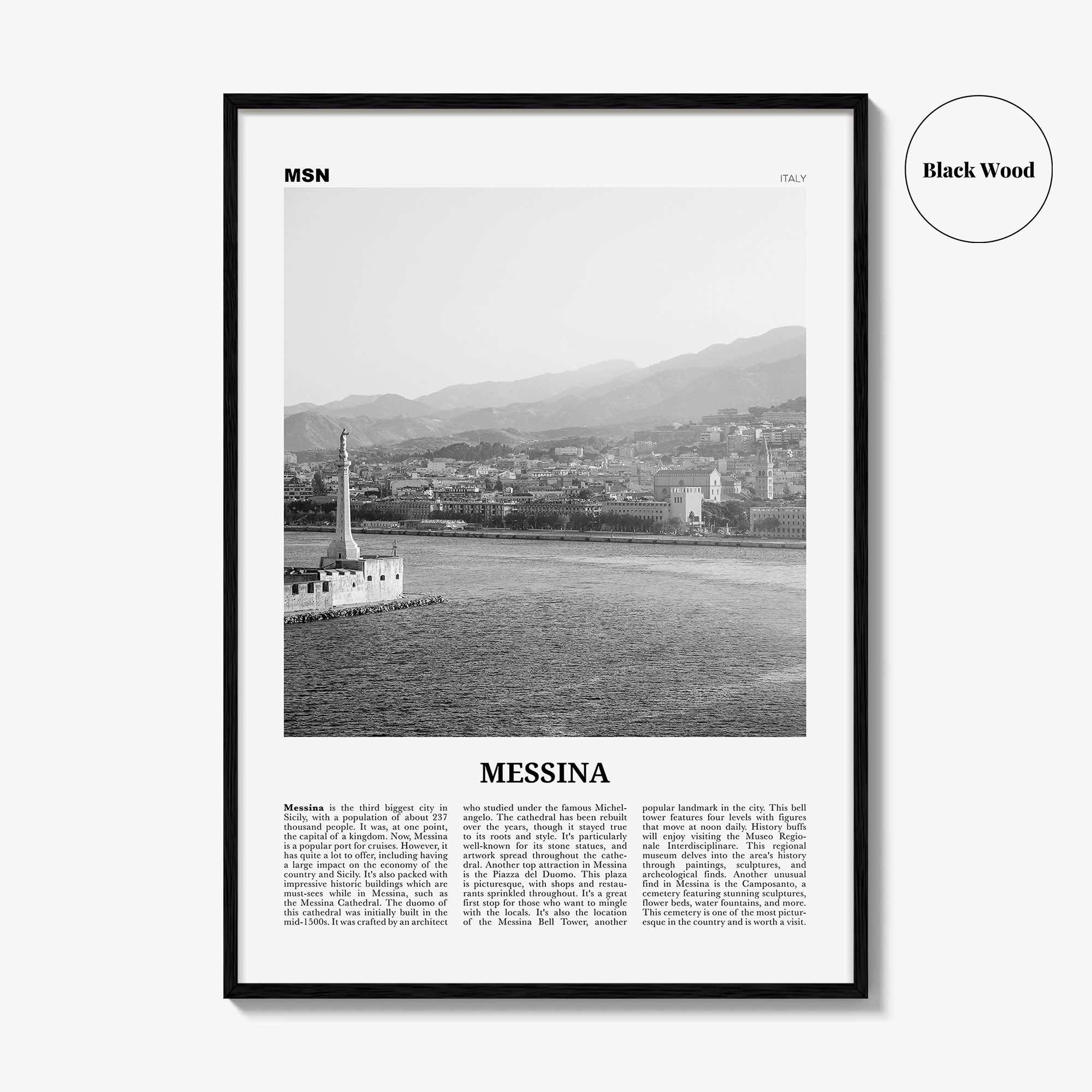 Messina Print Black and White, Messina Wall Art, Messina Poster, Messina Photo, Messina Wall Décor, Messina Map, Italy