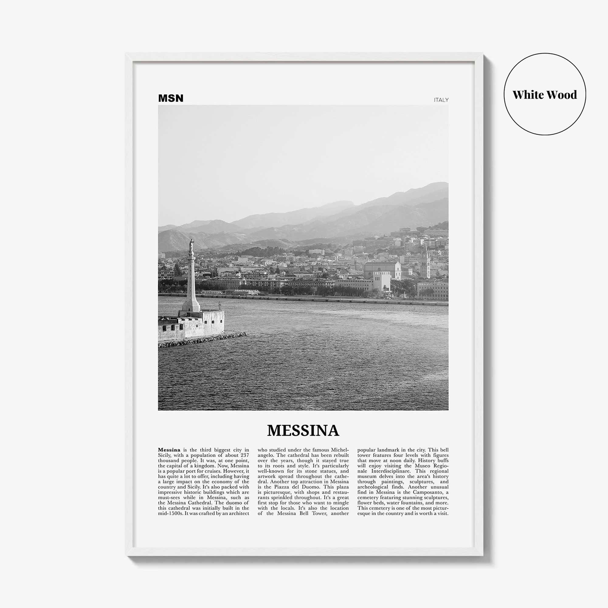 Messina Print Black and White, Messina Wall Art, Messina Poster, Messina Photo, Messina Wall Décor, Messina Map, Italy