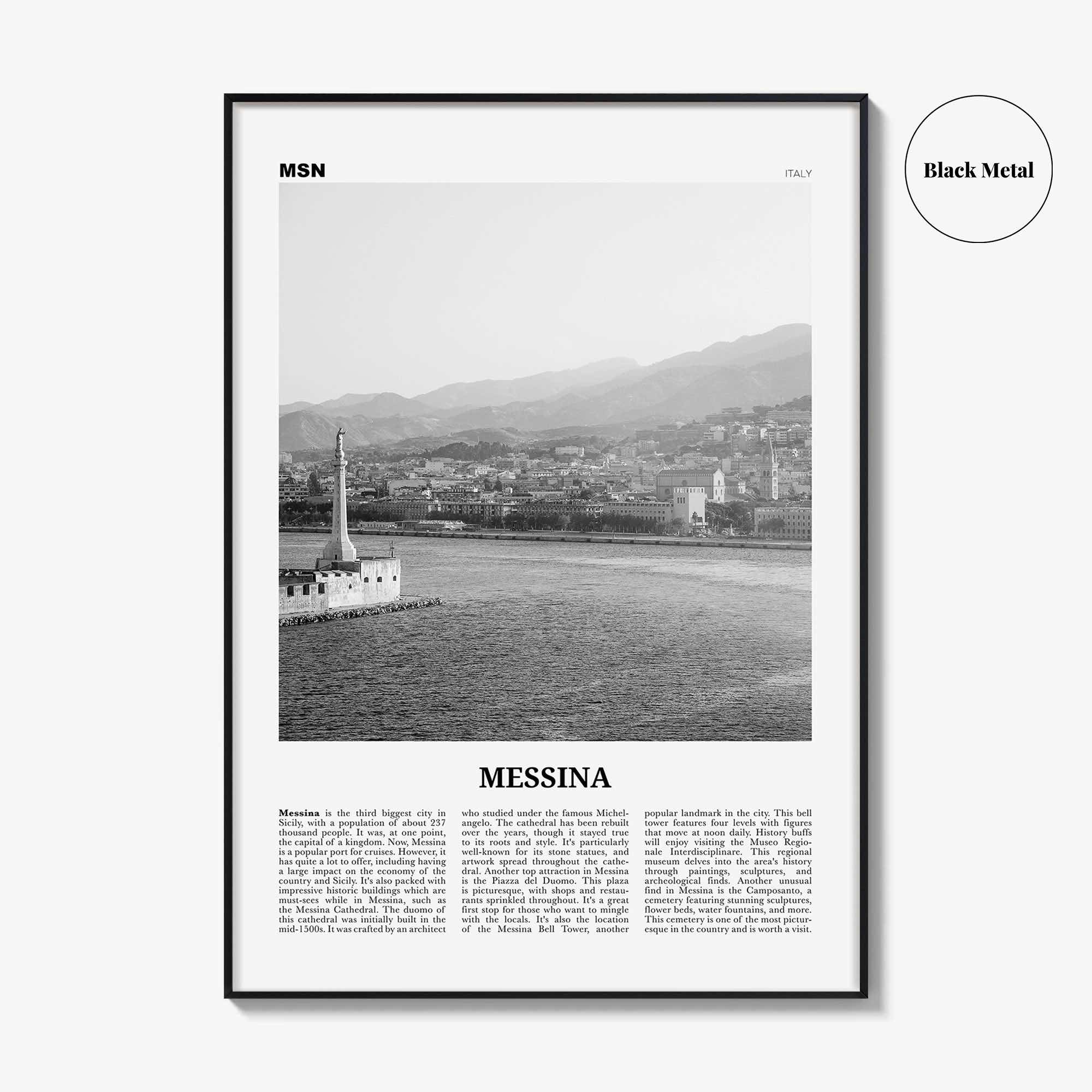 Messina Print Black and White, Messina Wall Art, Messina Poster, Messina Photo, Messina Wall Décor, Messina Map, Italy