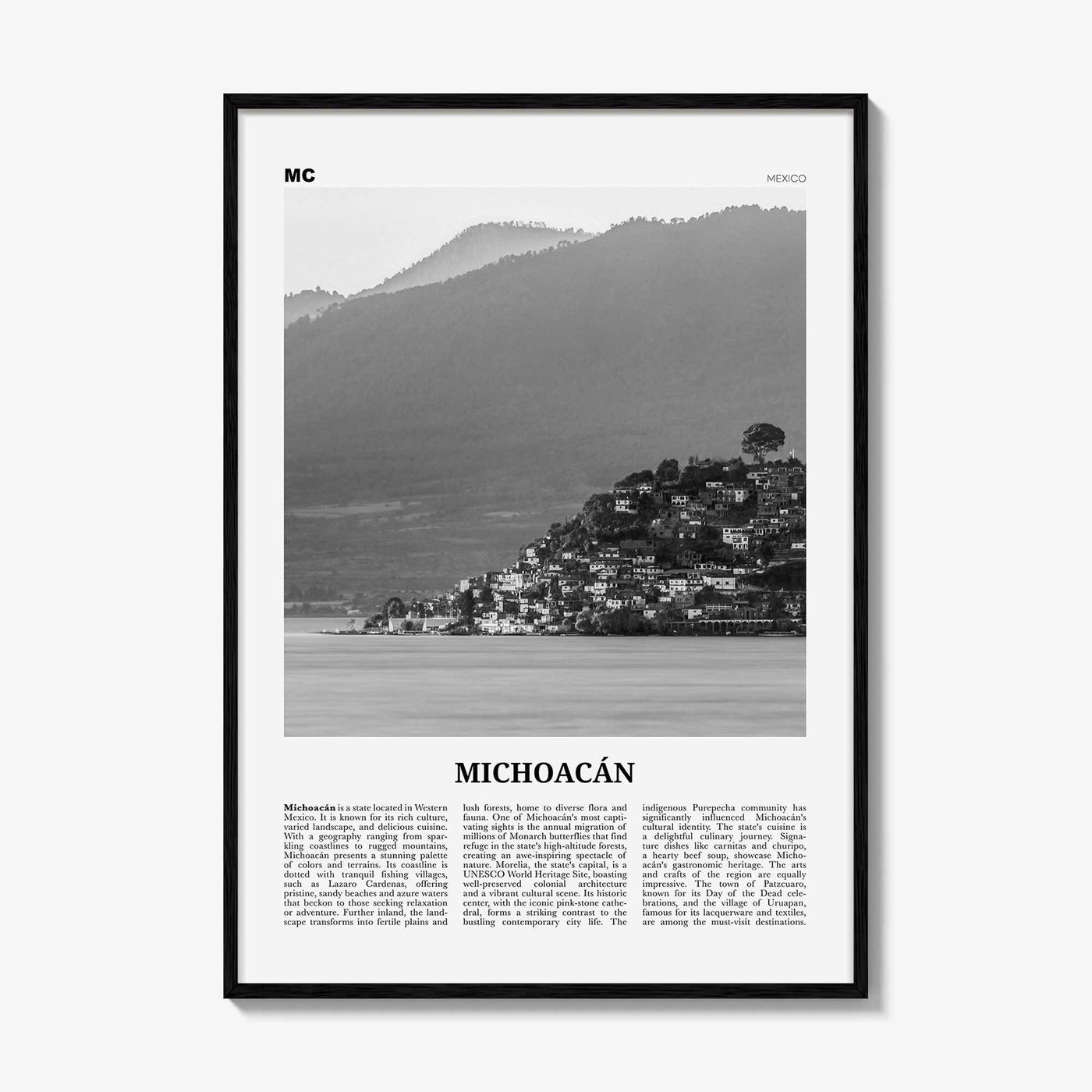 Michoacan Print Black and White, Michoacan Wall Art, Michoacán Poster, Michoacán Photo, Michoacán Wall Décor, Michoacán Map, Mexico