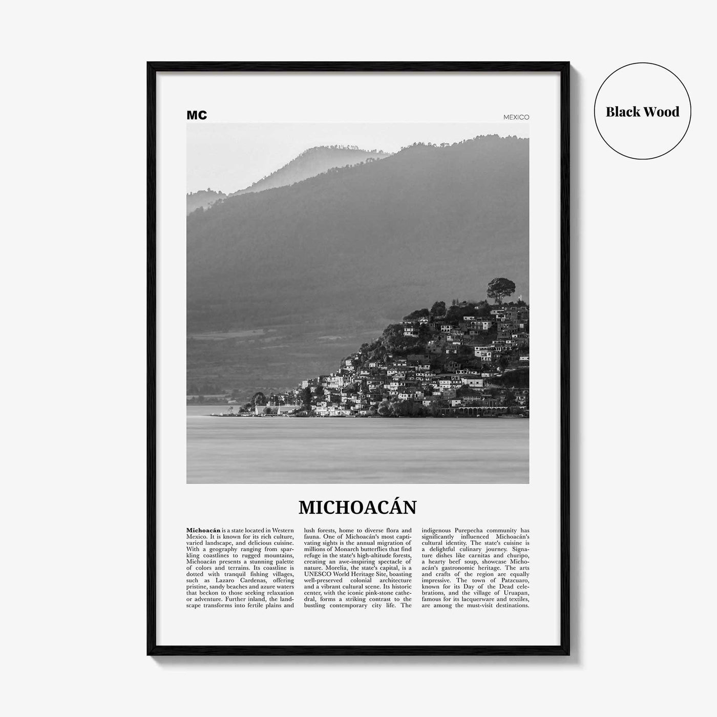 Michoacan Print Black and White, Michoacan Wall Art, Michoacán Poster, Michoacán Photo, Michoacán Wall Décor, Michoacán Map, Mexico