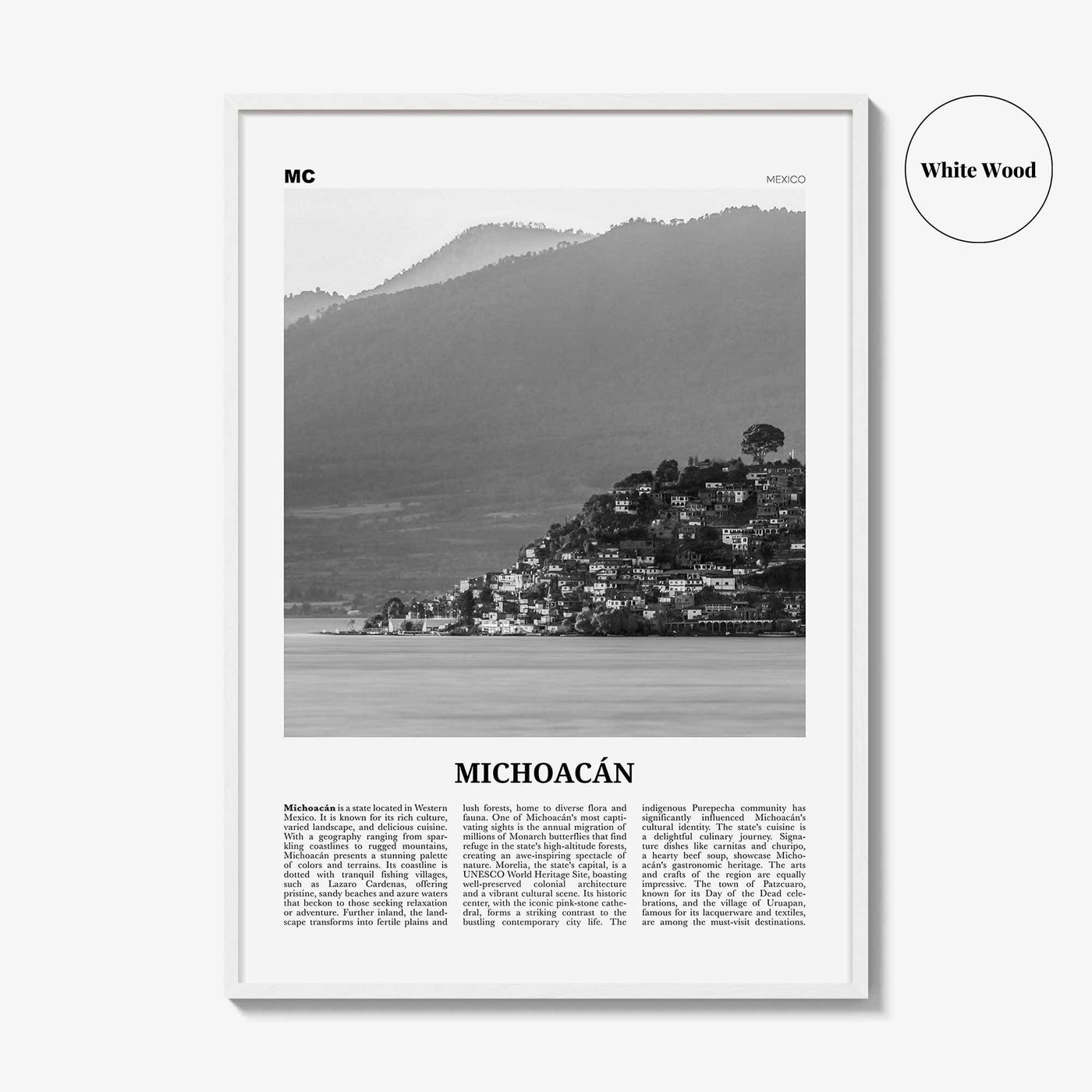 Michoacan Print Black and White, Michoacan Wall Art, Michoacán Poster, Michoacán Photo, Michoacán Wall Décor, Michoacán Map, Mexico