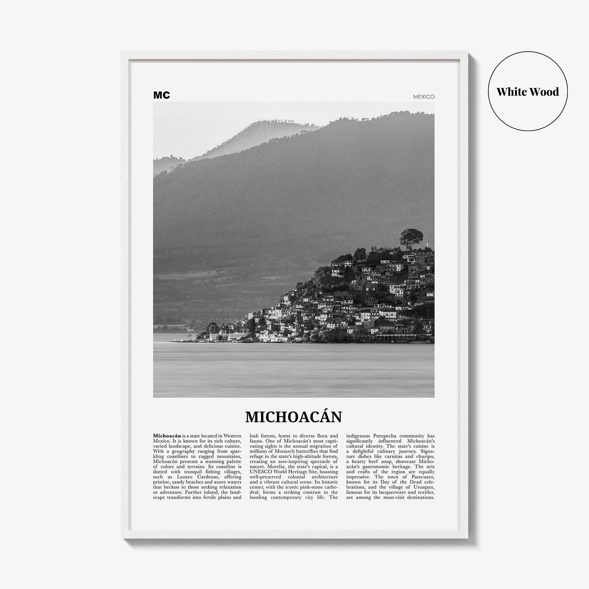 Michoacan Print Black and White, Michoacan Wall Art, Michoacán Poster, Michoacán Photo, Michoacán Wall Décor, Michoacán Map, Mexico