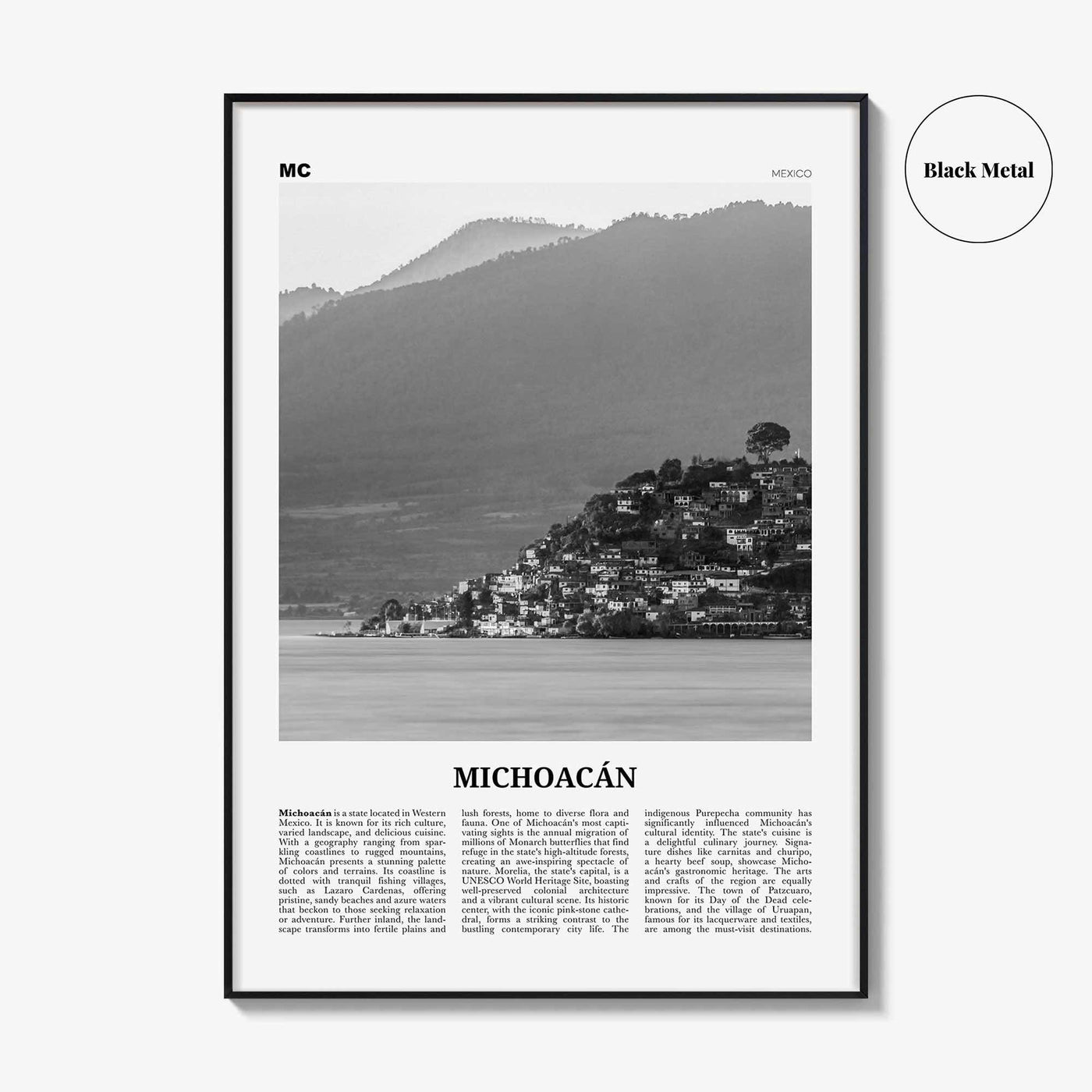 Michoacan Print Black and White, Michoacan Wall Art, Michoacán Poster, Michoacán Photo, Michoacán Wall Décor, Michoacán Map, Mexico