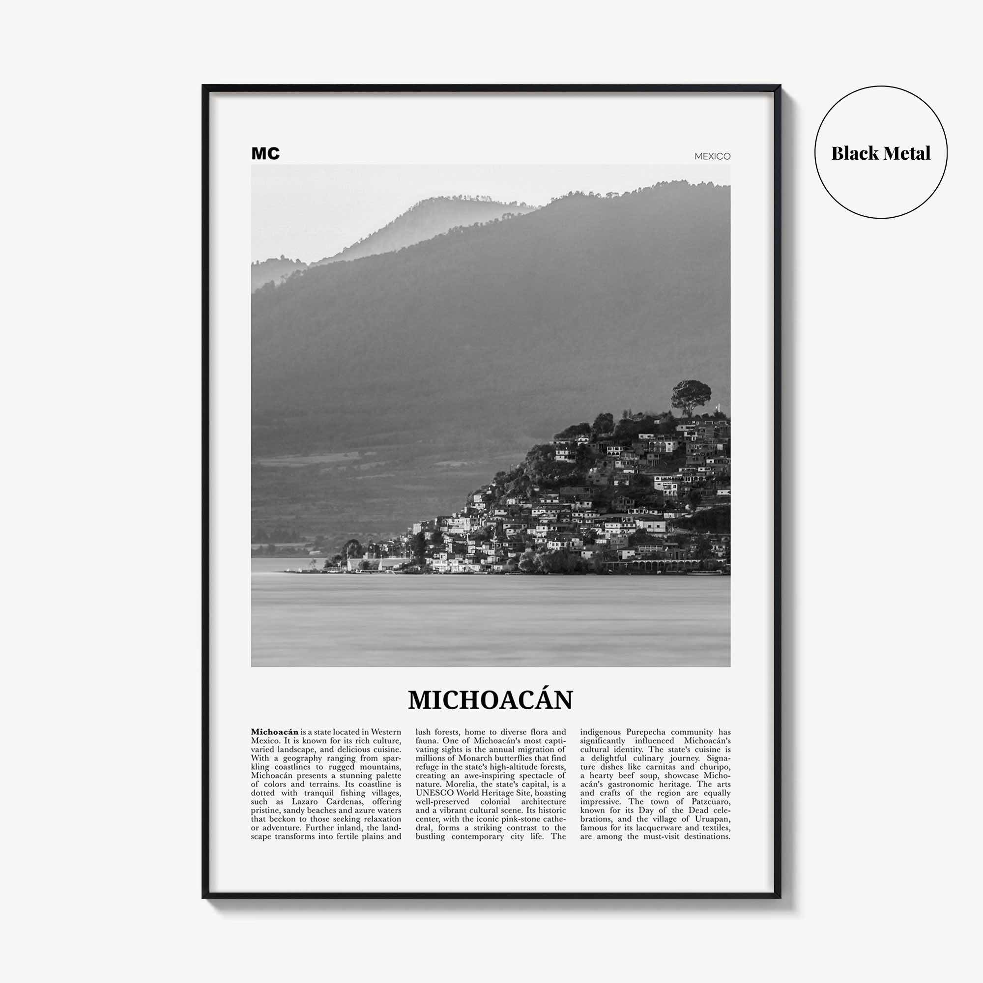 Michoacan Print Black and White, Michoacan Wall Art, Michoacán Poster, Michoacán Photo, Michoacán Wall Décor, Michoacán Map, Mexico