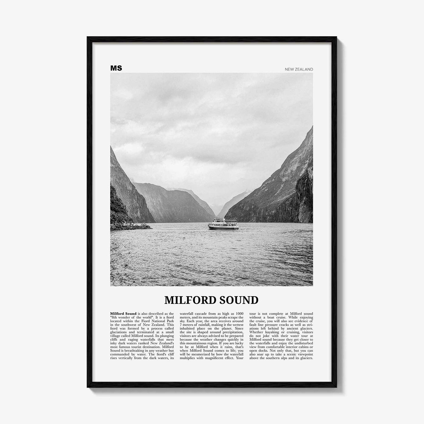 Milford Sound Print Black and White, Milford Sound Wall Art, Milford Sound Poster, Milford Sound Photo, Piopiotahi, Fiordland, New Zealand