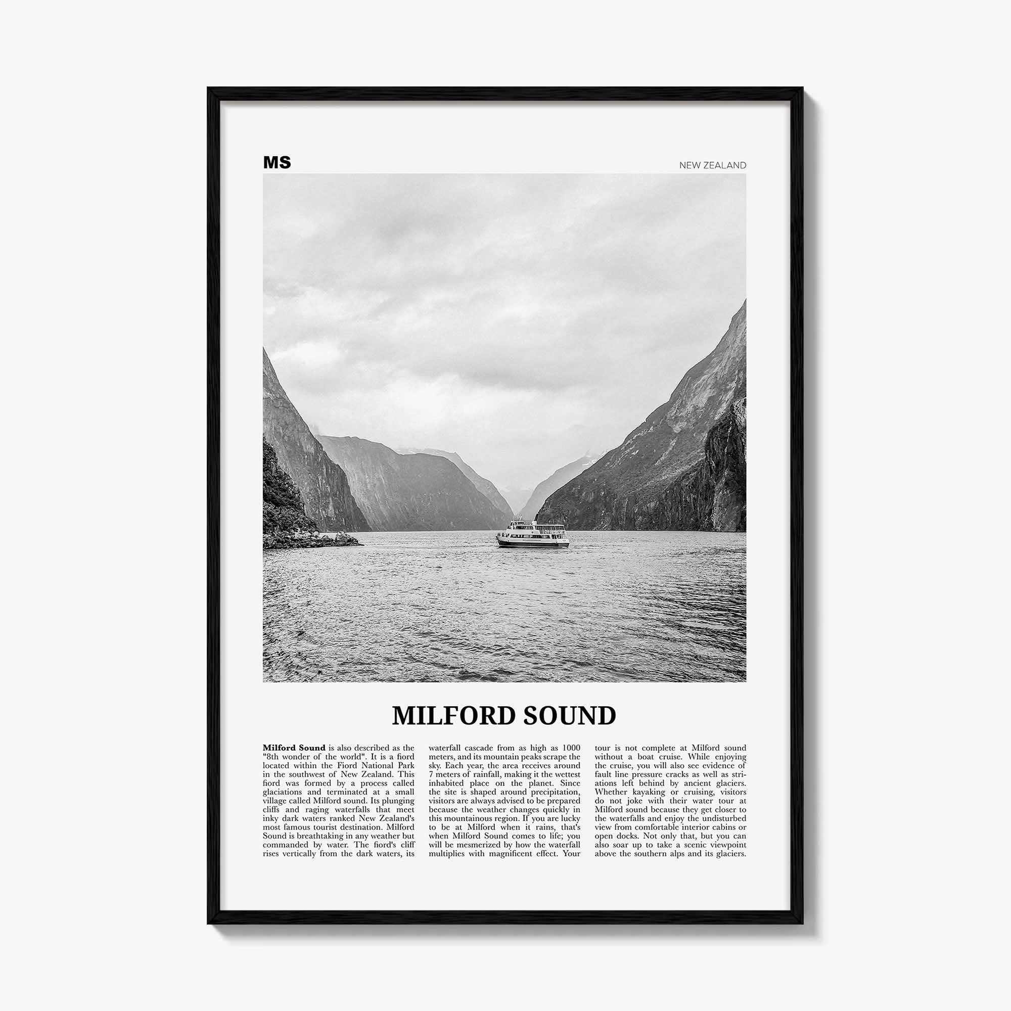 Milford Sound Print Black and White, Milford Sound Wall Art, Milford Sound Poster, Milford Sound Photo, Piopiotahi, Fiordland, New Zealand