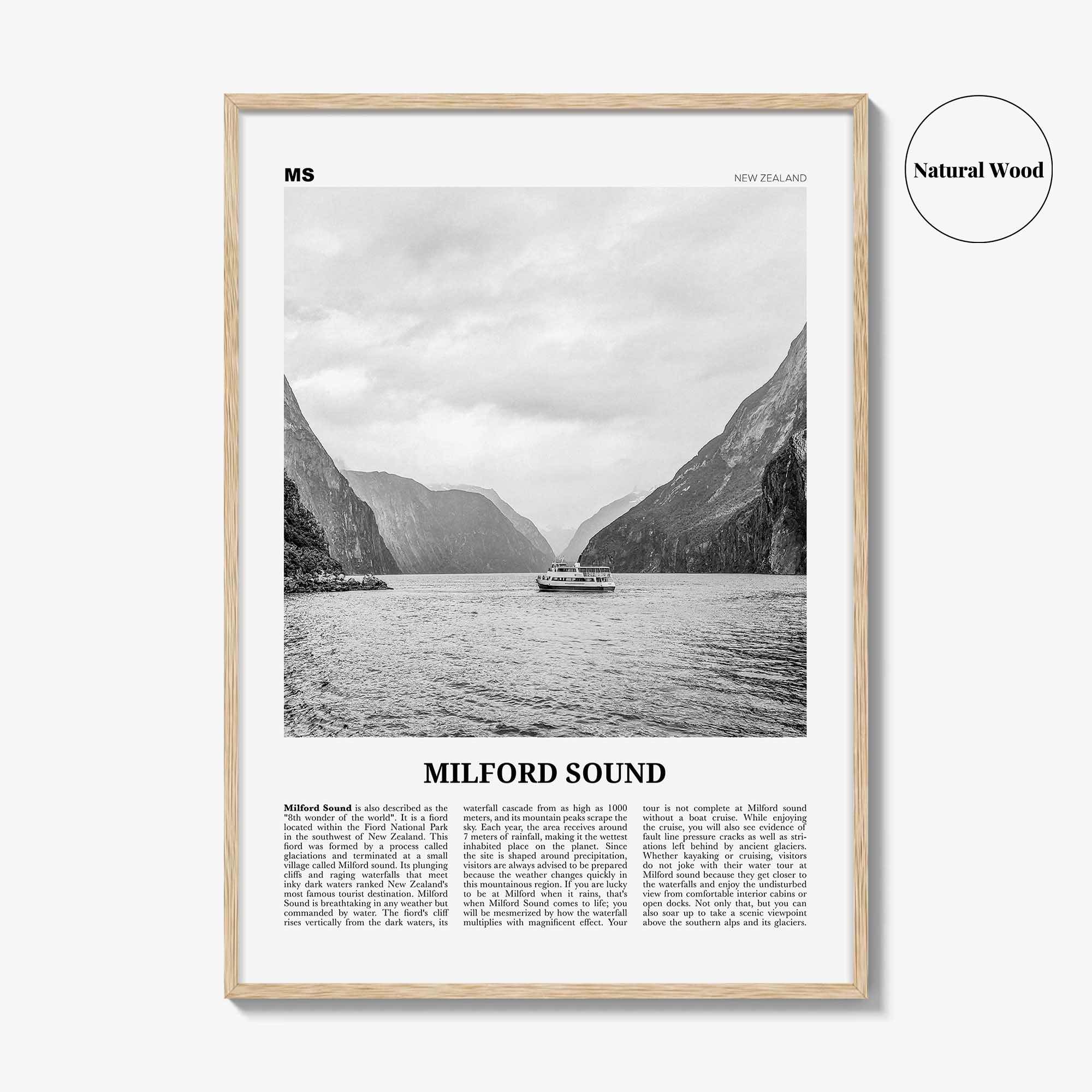 Milford Sound Print Black and White, Milford Sound Wall Art, Milford Sound Poster, Milford Sound Photo, Piopiotahi, Fiordland, New Zealand