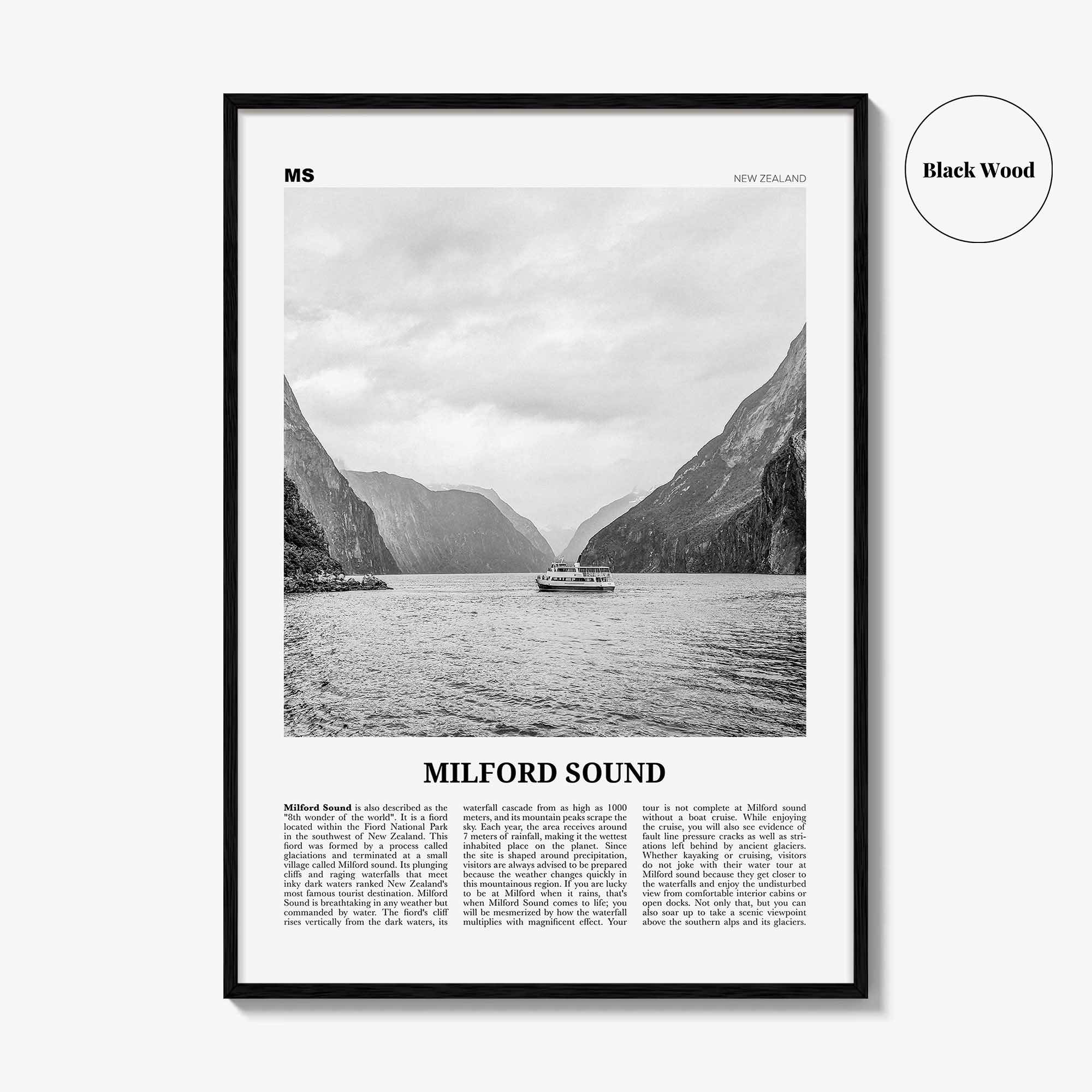 Milford Sound Print Black and White, Milford Sound Wall Art, Milford Sound Poster, Milford Sound Photo, Piopiotahi, Fiordland, New Zealand