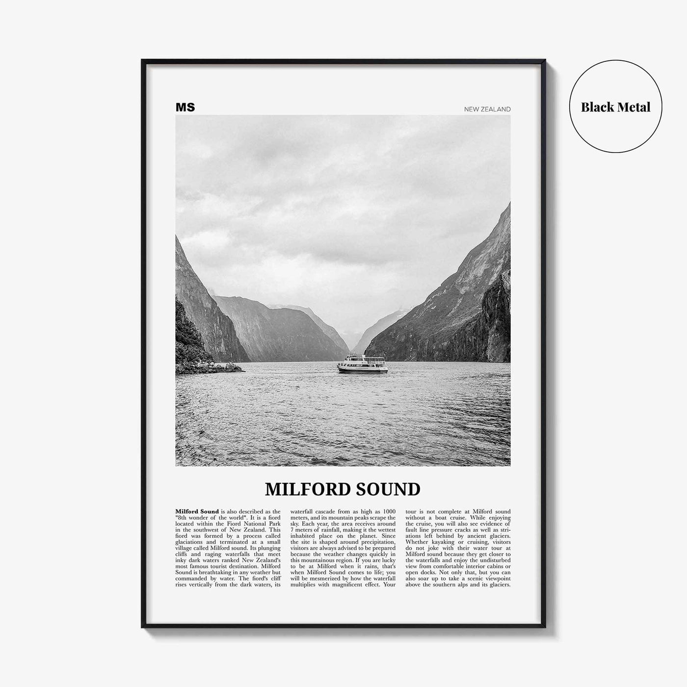 Milford Sound Print Black and White, Milford Sound Wall Art, Milford Sound Poster, Milford Sound Photo, Piopiotahi, Fiordland, New Zealand