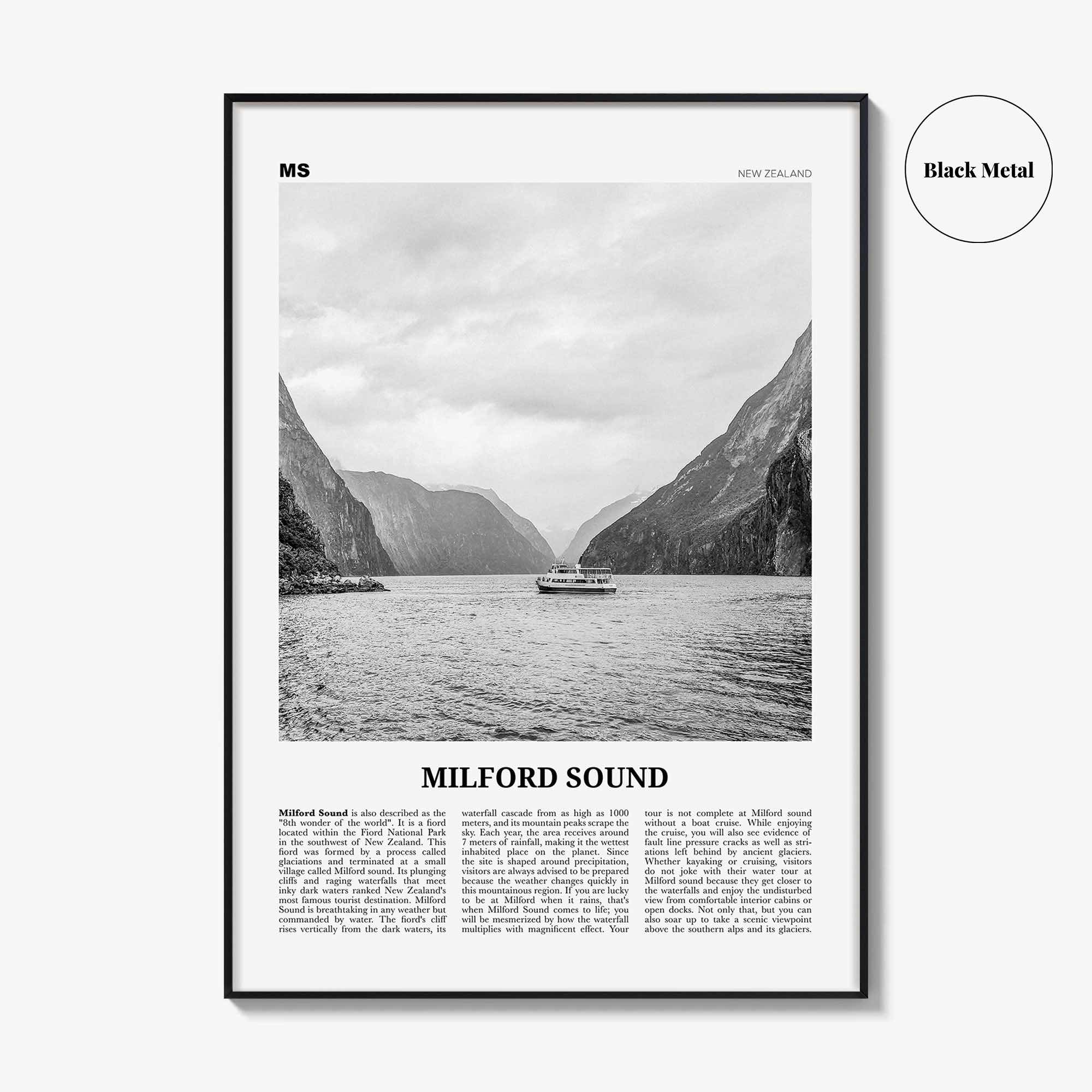 Milford Sound Print Black and White, Milford Sound Wall Art, Milford Sound Poster, Milford Sound Photo, Piopiotahi, Fiordland, New Zealand