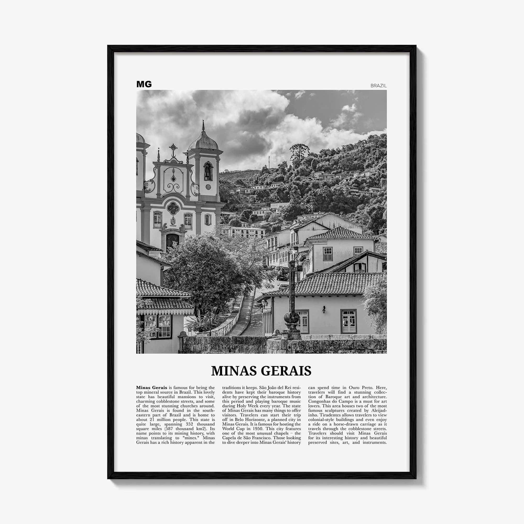 Minas Gerais Print Black and White, Minas Gerais Wall Art, Minas Gerais Poster, Minas Gerais Photo, Minas Gerais Map, Brazil