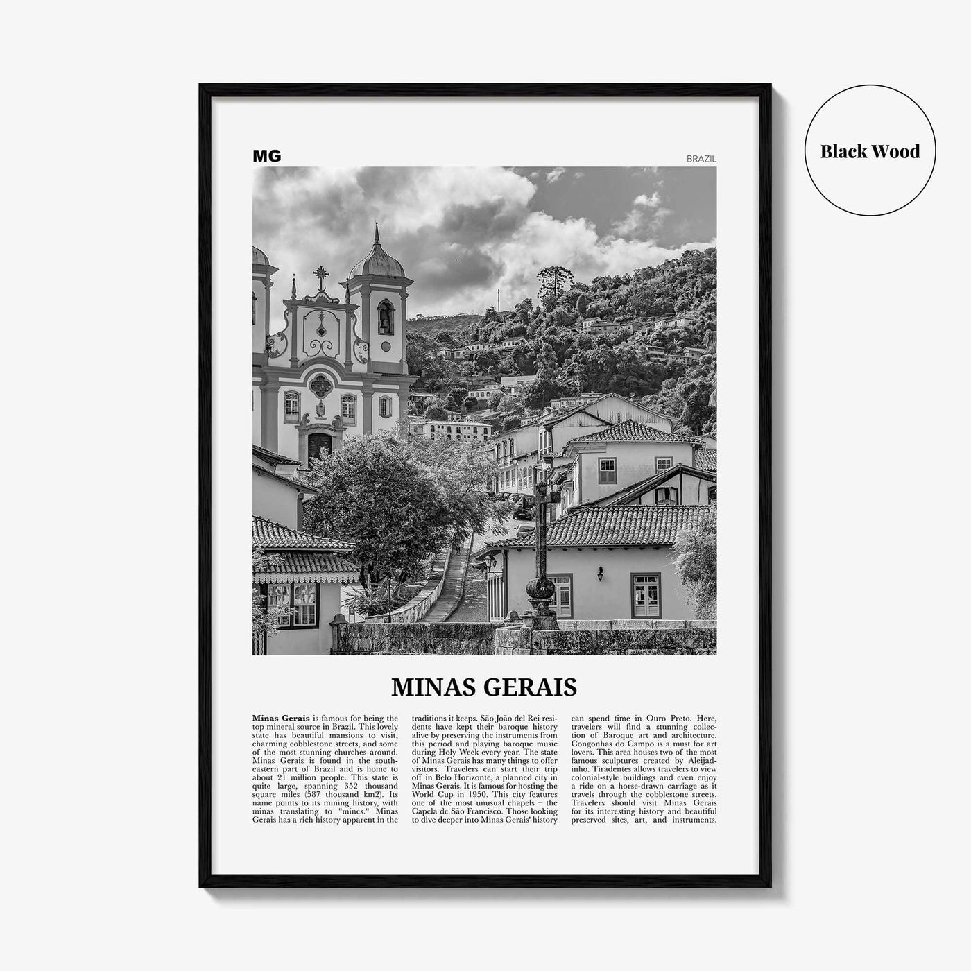 Minas Gerais Print Black and White, Minas Gerais Wall Art, Minas Gerais Poster, Minas Gerais Photo, Minas Gerais Map, Brazil
