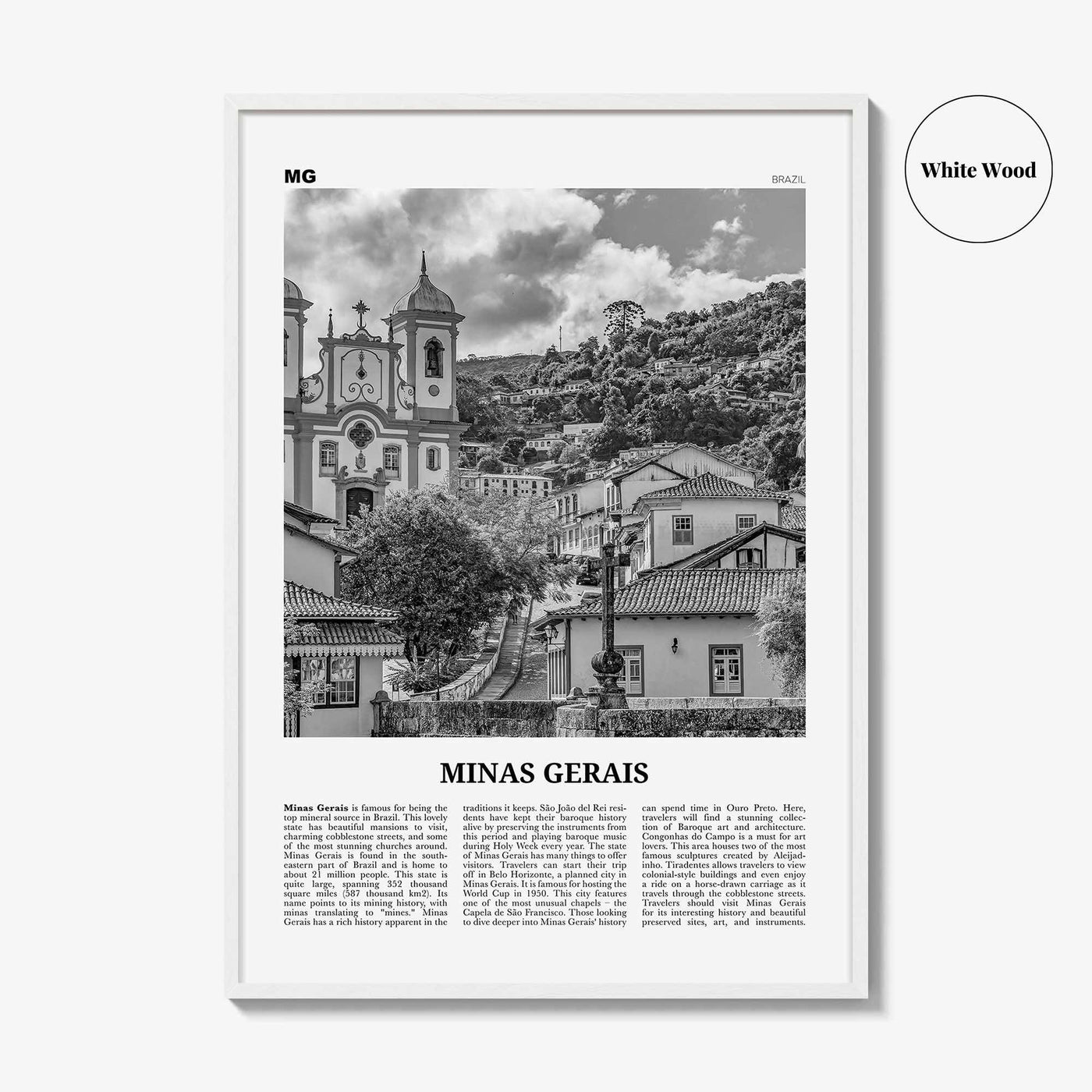 Minas Gerais Print Black and White, Minas Gerais Wall Art, Minas Gerais Poster, Minas Gerais Photo, Minas Gerais Map, Brazil