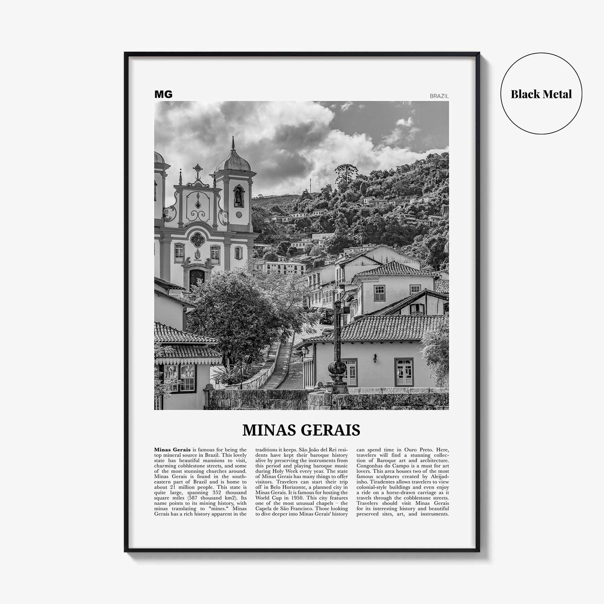 Minas Gerais Print Black and White, Minas Gerais Wall Art, Minas Gerais Poster, Minas Gerais Photo, Minas Gerais Map, Brazil